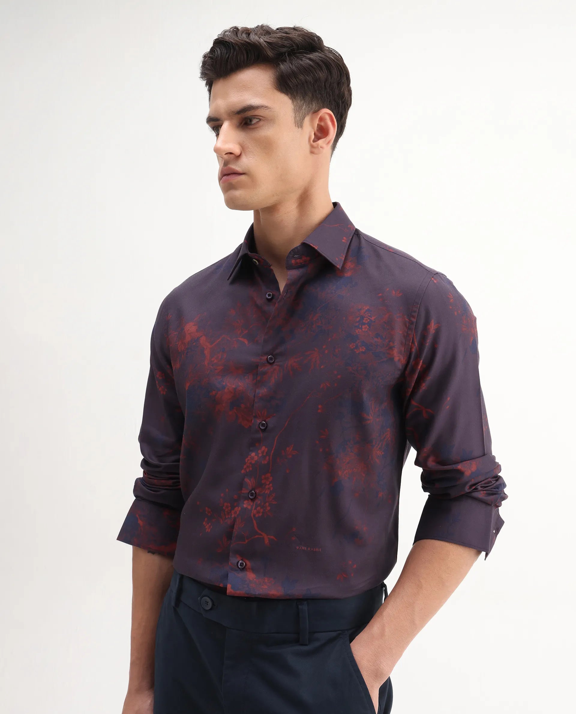 Rare Rabbit Men's Luri Purple Viscose Floral Print Regular Fit Full Sleeve Collared Shirt