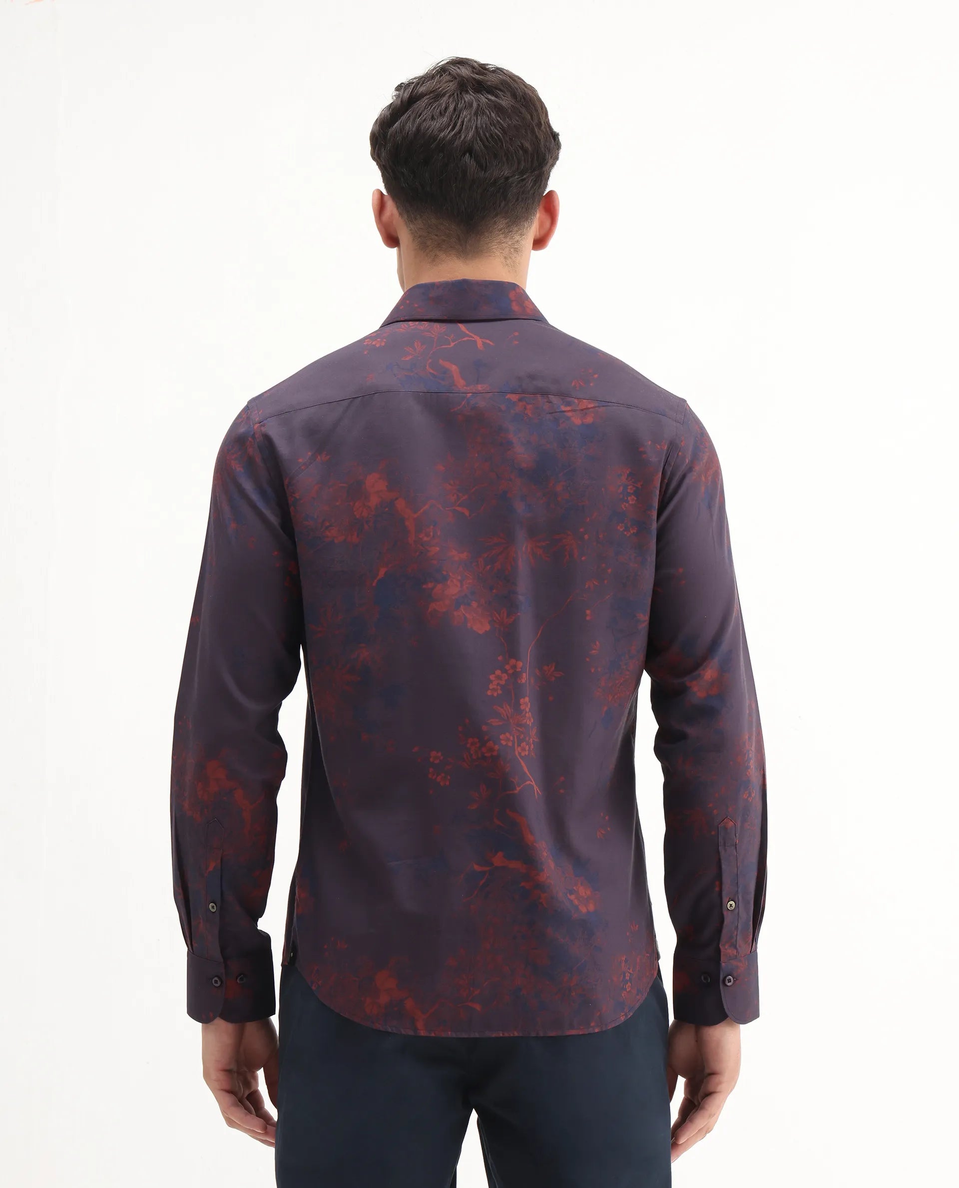 Rare Rabbit Men's Luri Purple Viscose Floral Print Regular Fit Full Sleeve Collared Shirt