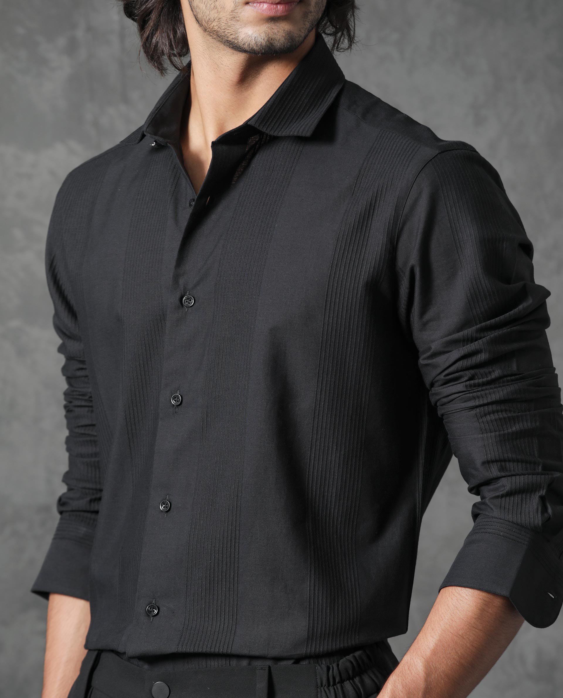 Rare Rabbit Men's Lurtz-1 Black Cotton Fabric Full Sleeves Striped Shirt