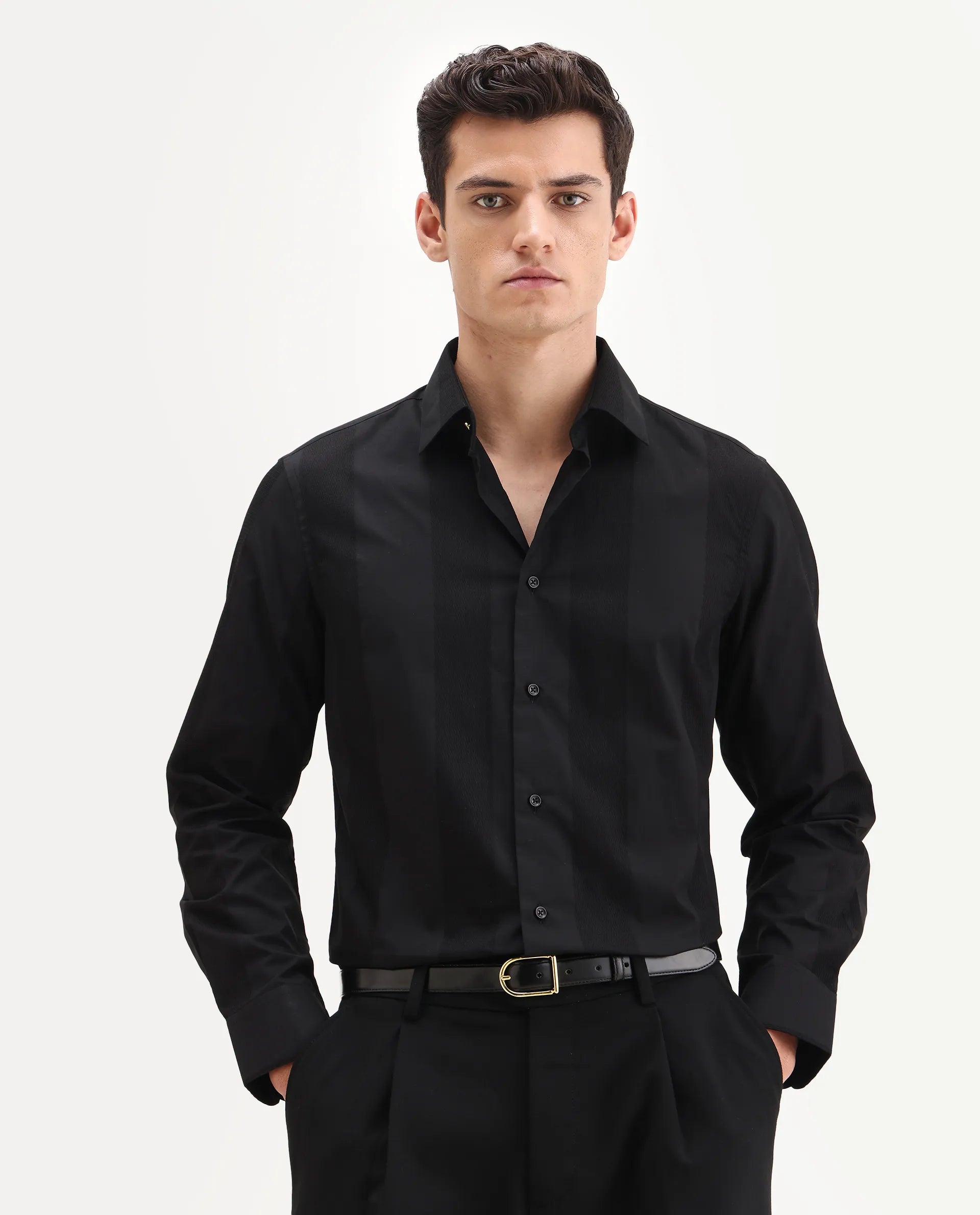 Rare Rabbit Men's Lurtz-25 Black Cotton Spread Collar Regular Fit Jacquard Shirt