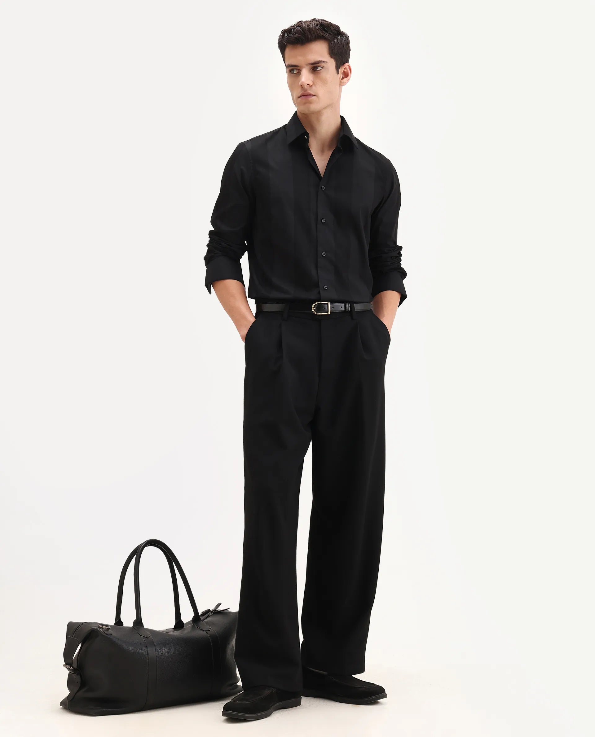 Rare Rabbit Men's Lurtz-25 Black Cotton Spread Collar Regular Fit Jacquard Shirt