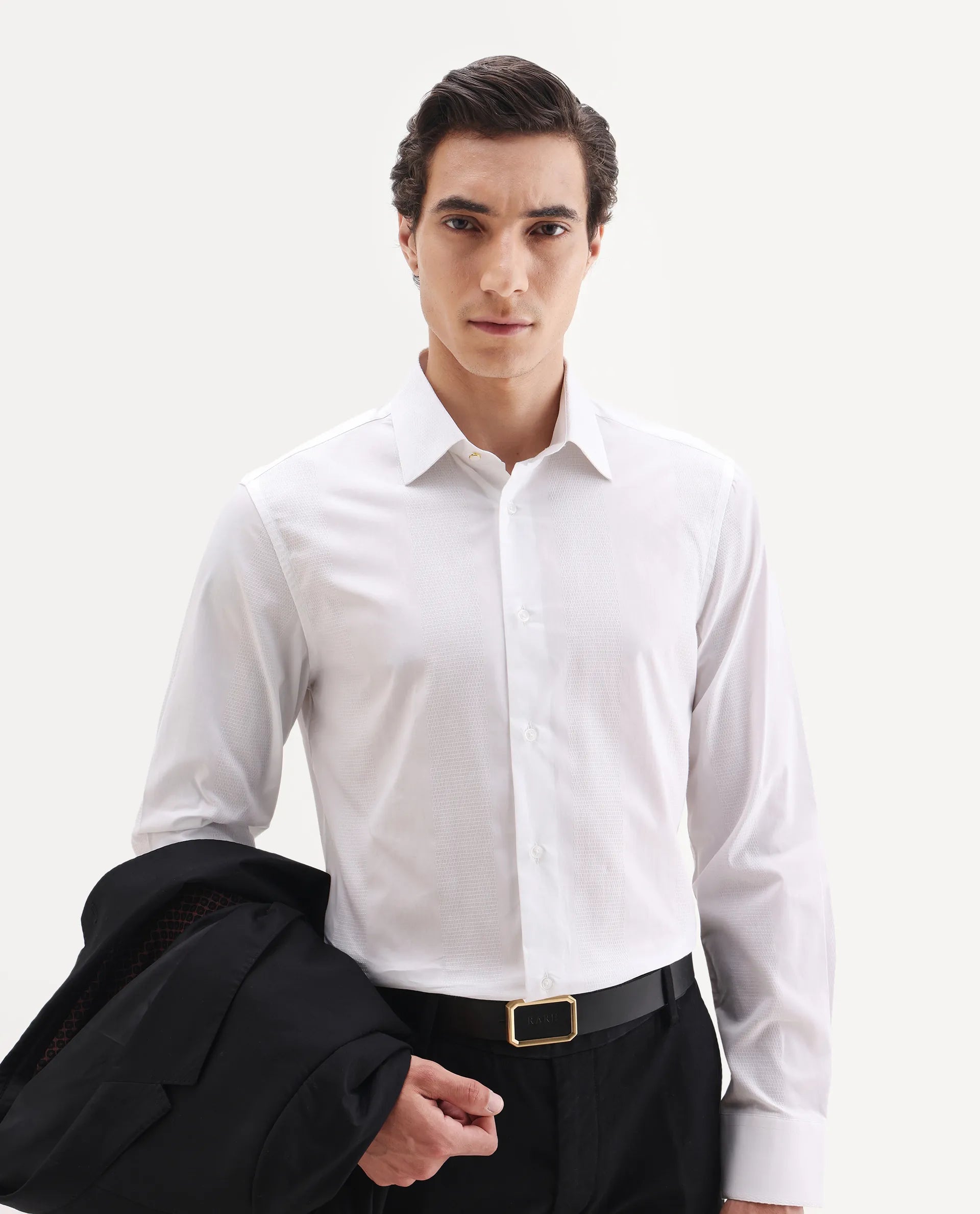 Rare Rabbit Men's Lurtz-25 White Cotton Spread Collar Regular Fit Jacquard Shirt