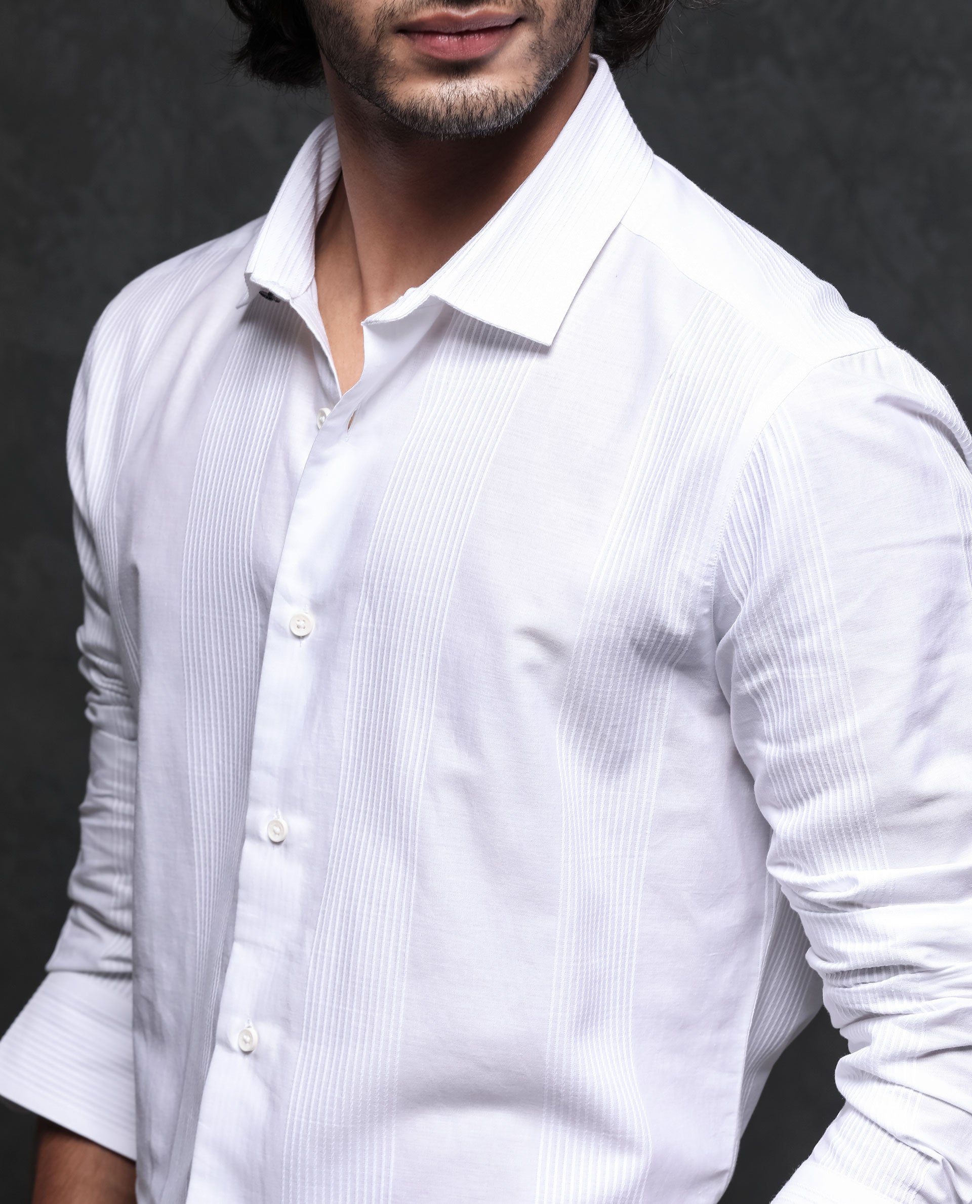 Rare Rabbit Men's Lurtz-1 White Cotton Fabric Full Sleeves Striped Shirt