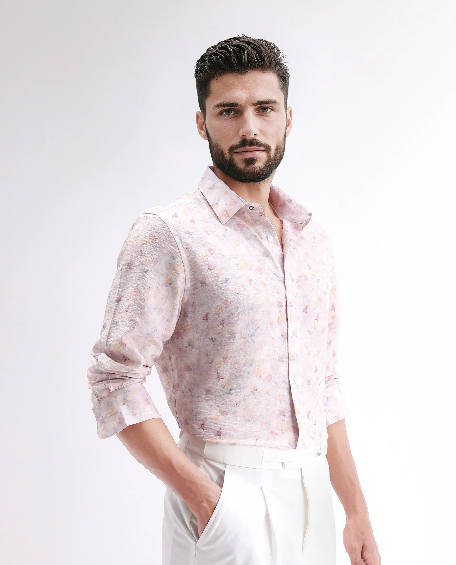Rare Rabbit Men's Lush Pink Viscose Blend Abstract Print Regular Fit Full Sleeve Collared Shirt