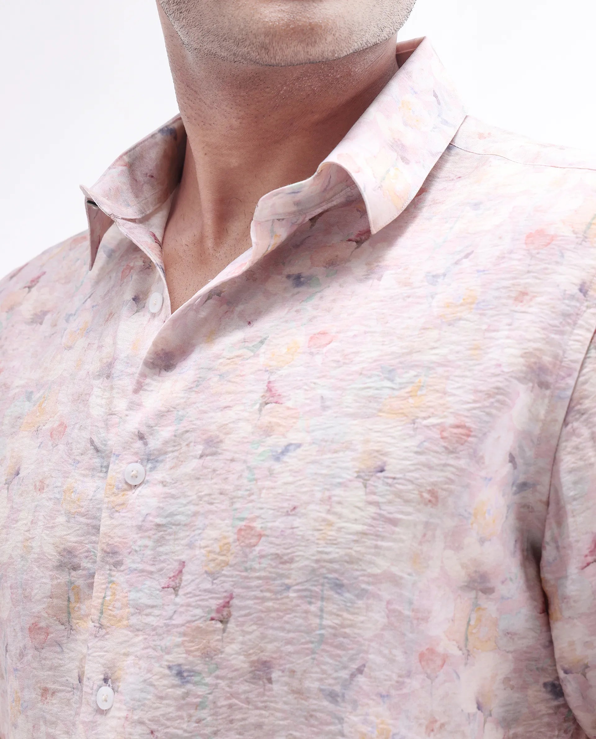 Rare Rabbit Men's Lush Pink Viscose Blend Abstract Print Regular Fit Full Sleeve Collared Shirt