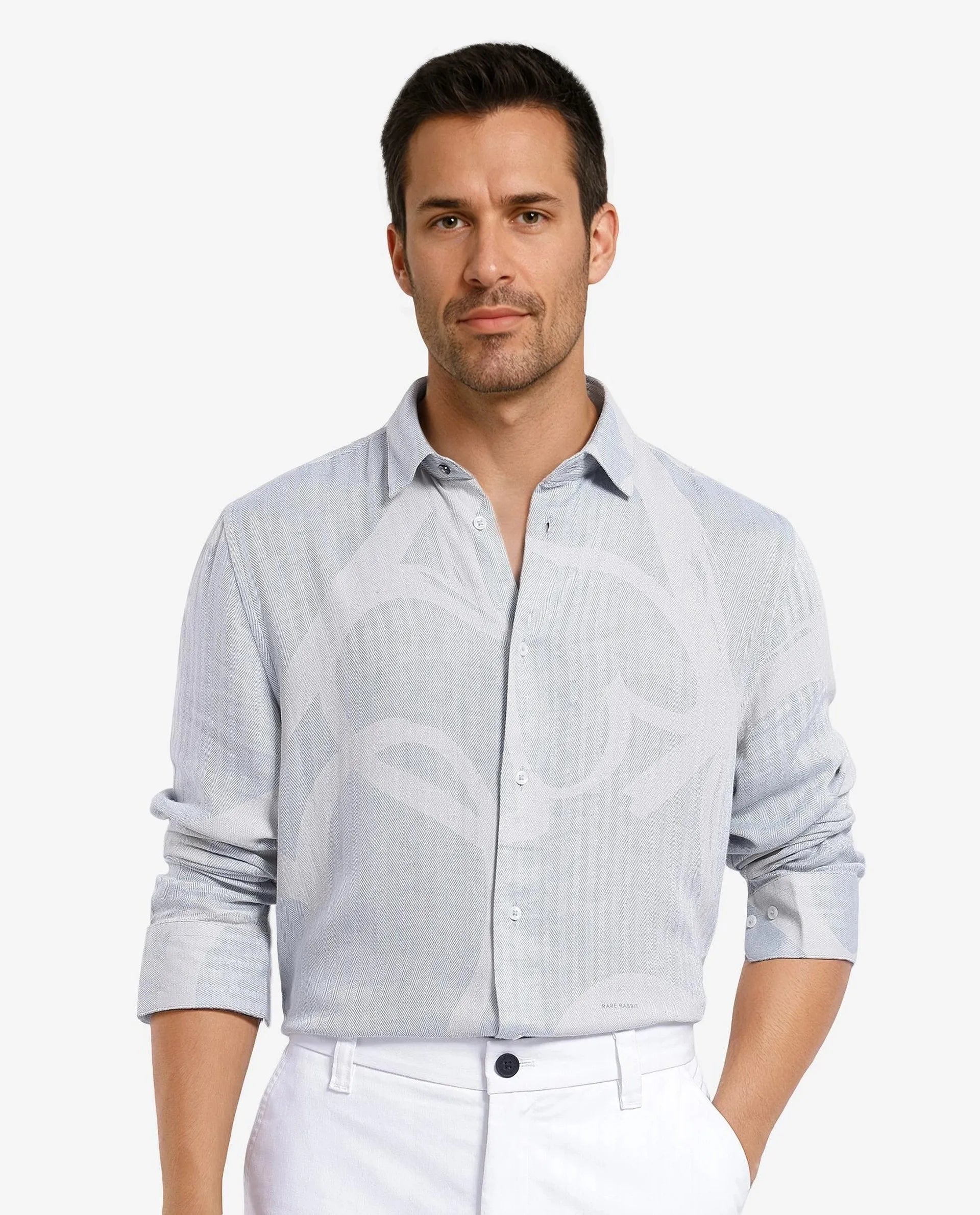 Rare Rabbit Mens Lusia-1 Off White Cotton Fabric Regular Collar Herringbone Full Sleeves Regular Fit