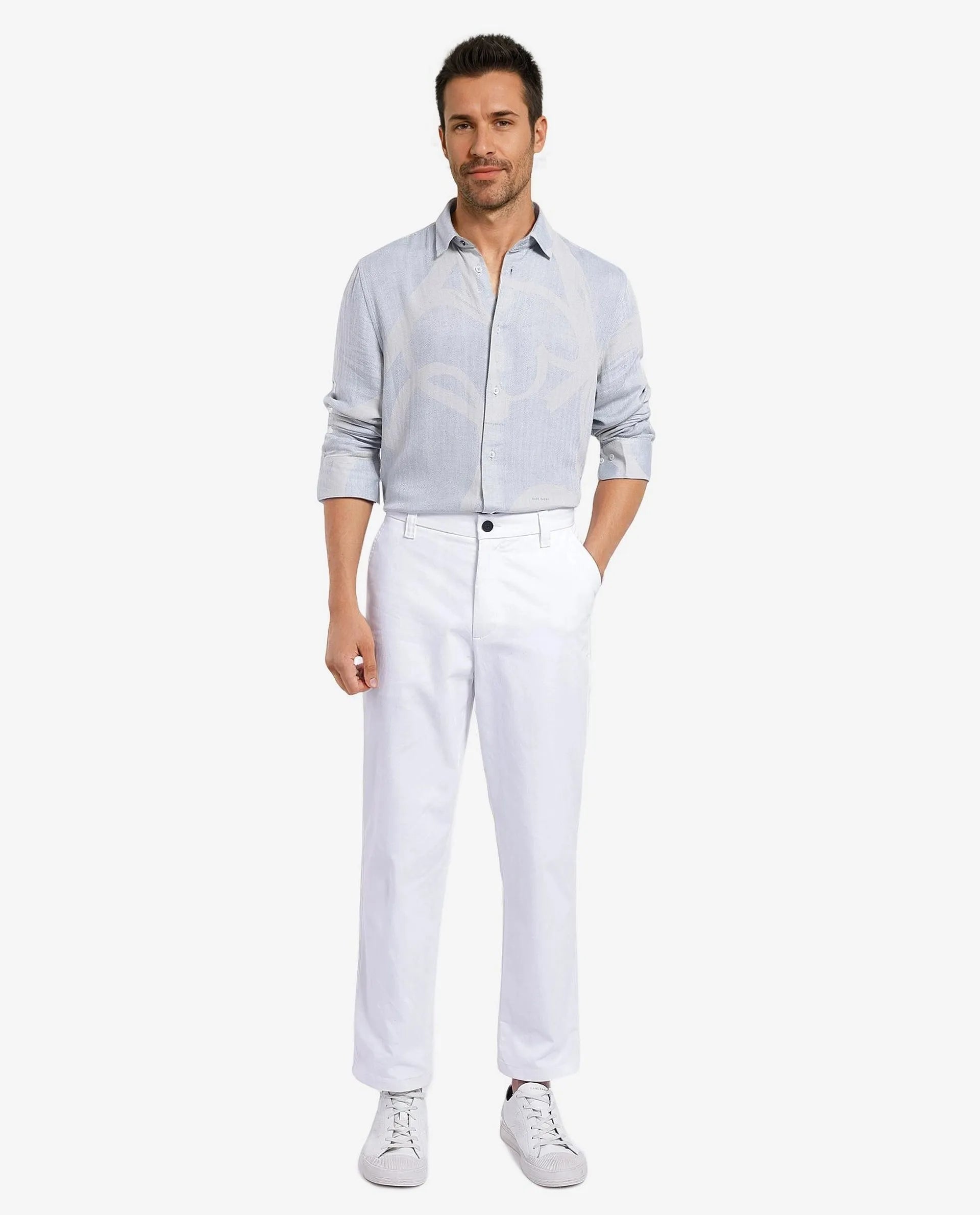 Rare Rabbit Mens Lusia-1 Off White Cotton Fabric Regular Collar Herringbone Full Sleeves Regular Fit