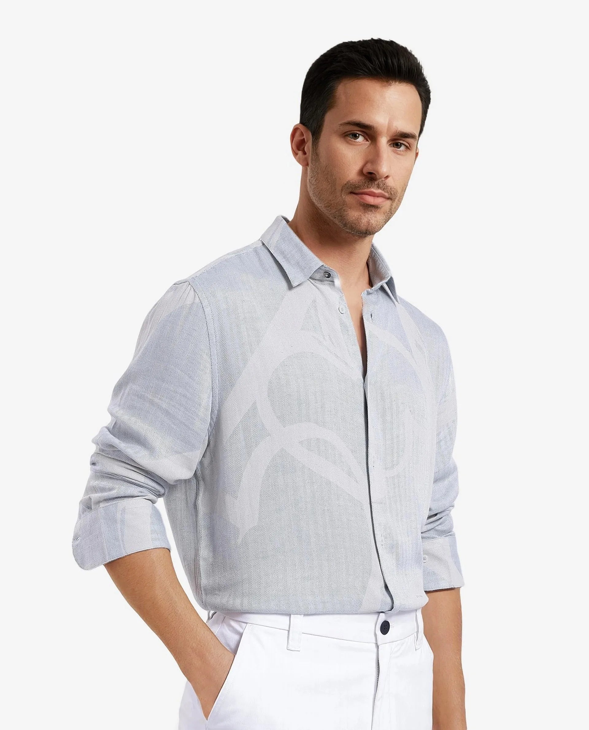 Rare Rabbit Mens Lusia-1 Off White Cotton Fabric Regular Collar Herringbone Full Sleeves Regular Fit