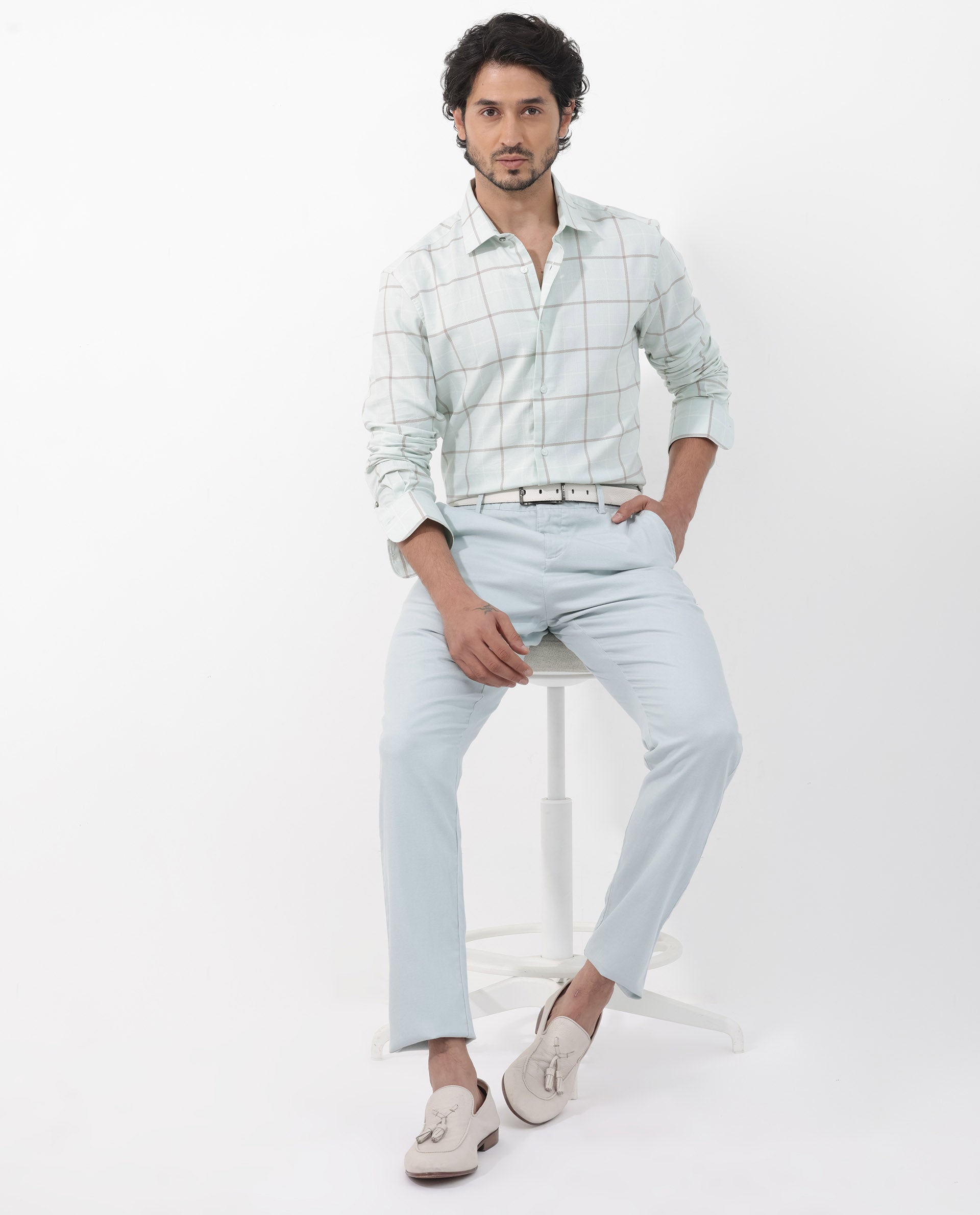 Rare Rabbit Men's Carrie Pastel Blue Cotton Fabric Full Sleeve Windowpane Checks Shirt