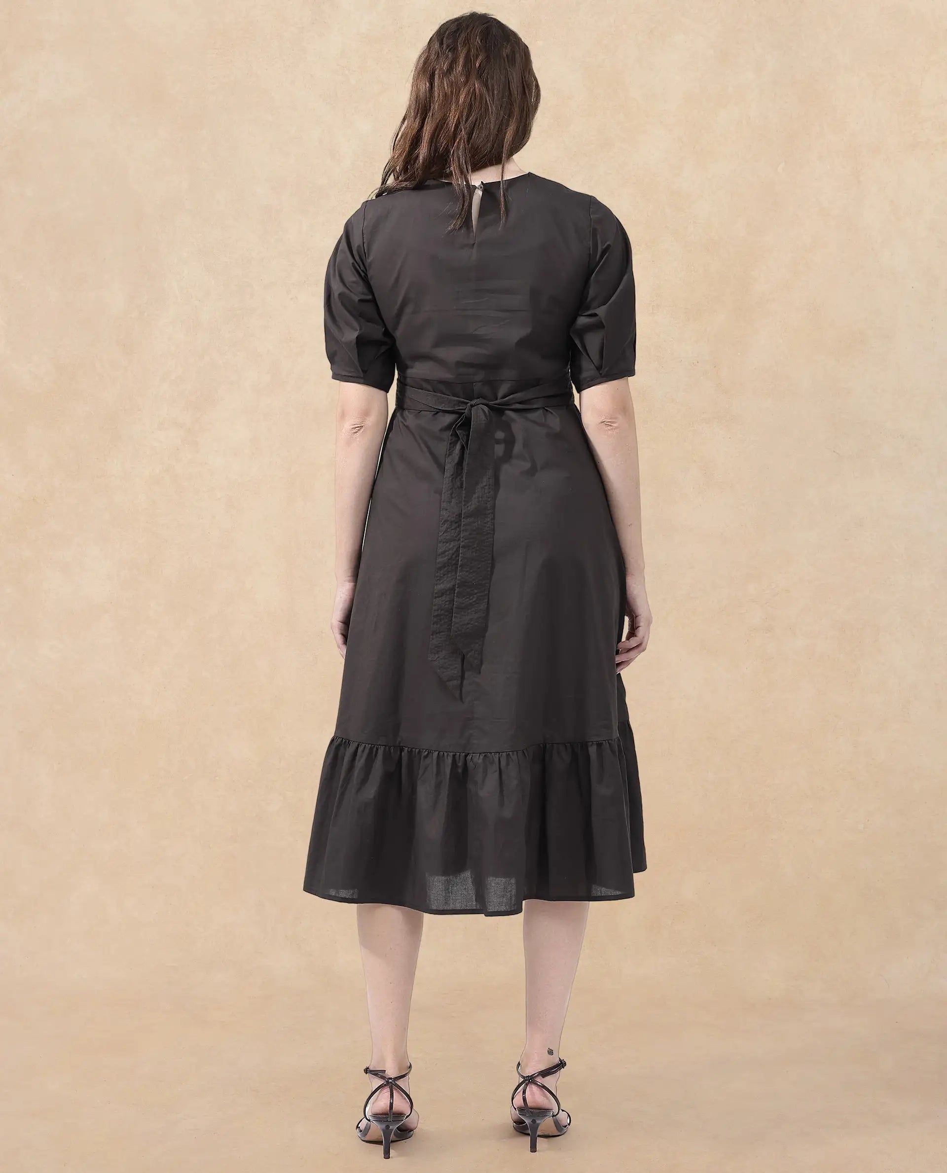 Rareism Women Lusine Brown Cotton Fabric Full Sleeve Round Neck Solid Regular Fit Dress