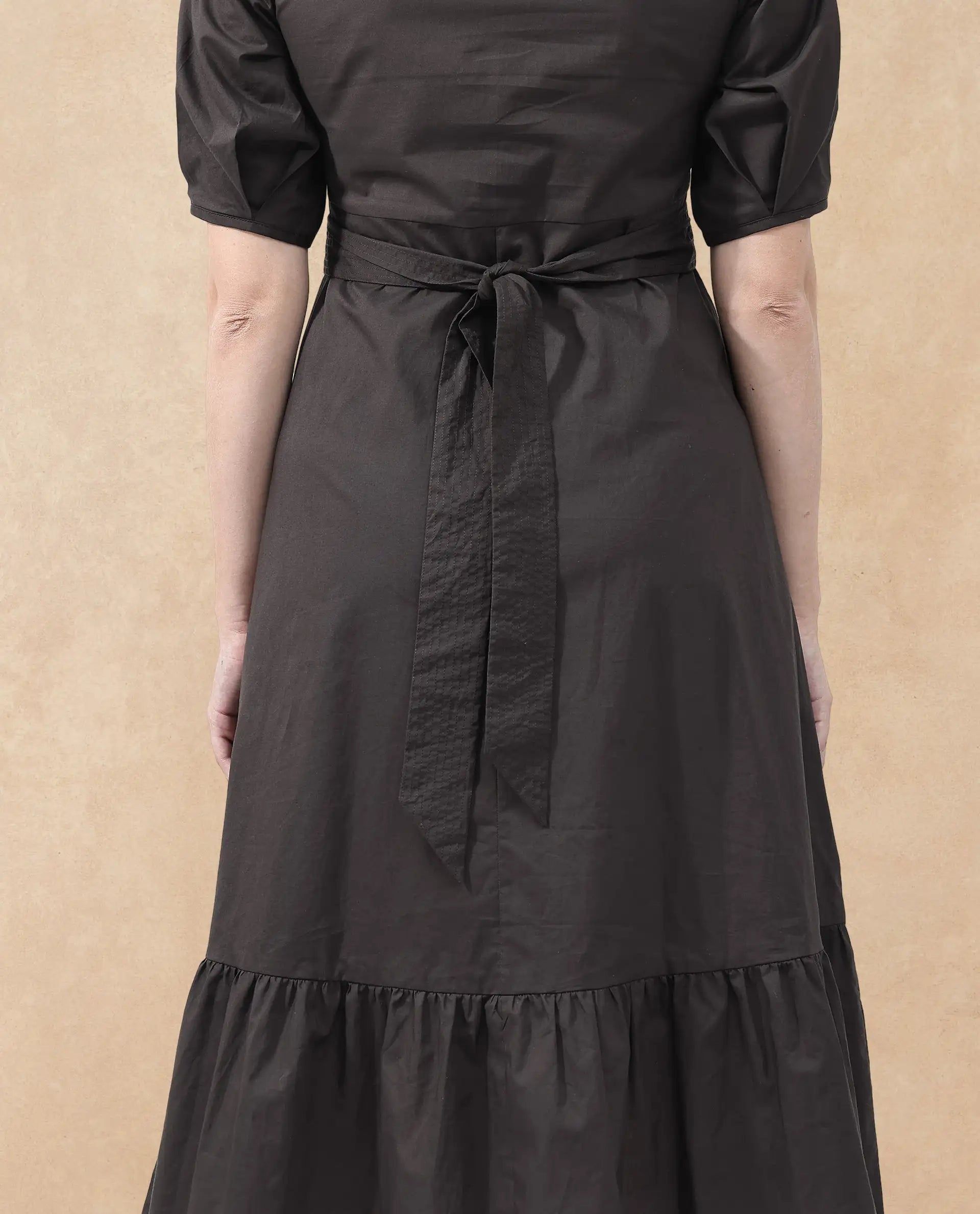 Rareism Women Lusine Brown Cotton Fabric Full Sleeve Round Neck Solid Regular Fit Dress