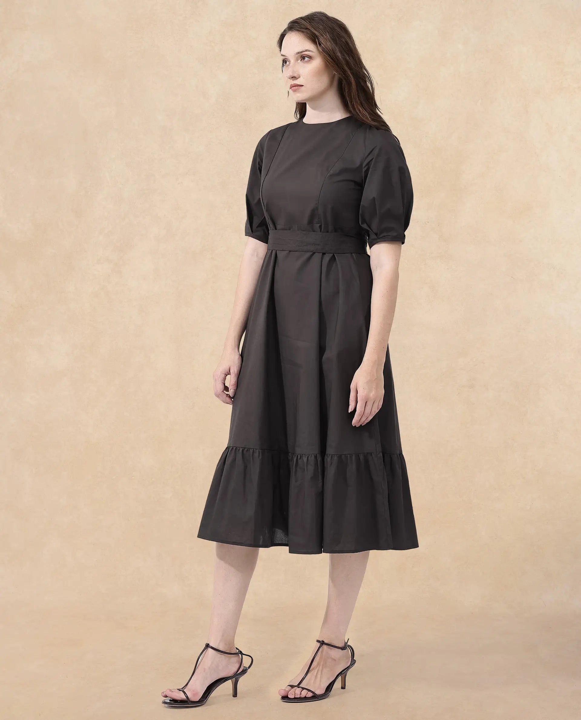 Rareism Women Lusine Brown Cotton Fabric Full Sleeve Round Neck Solid Regular Fit Dress