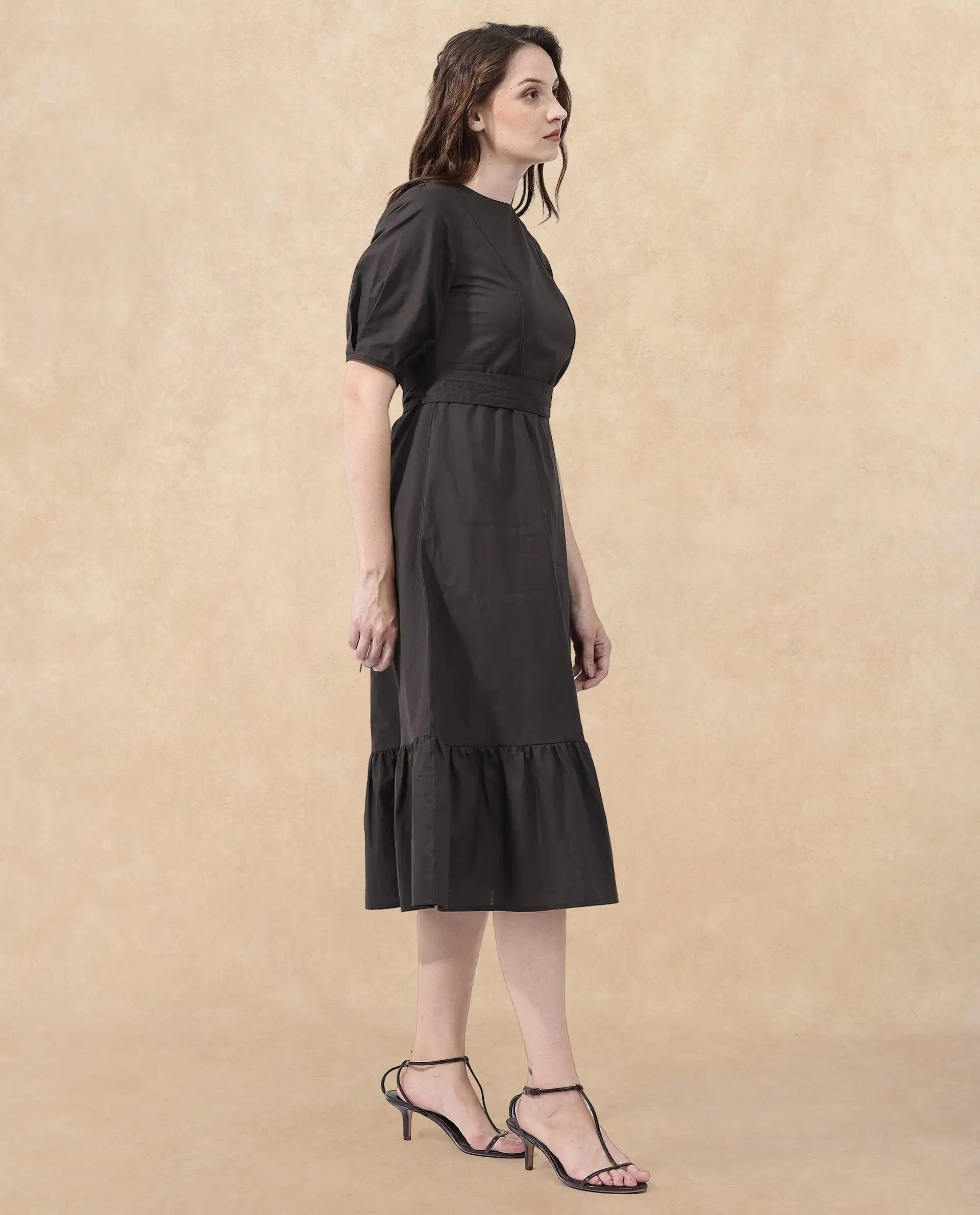 Rareism Women Lusine Brown Cotton Fabric Full Sleeve Round Neck Solid Regular Fit Dress