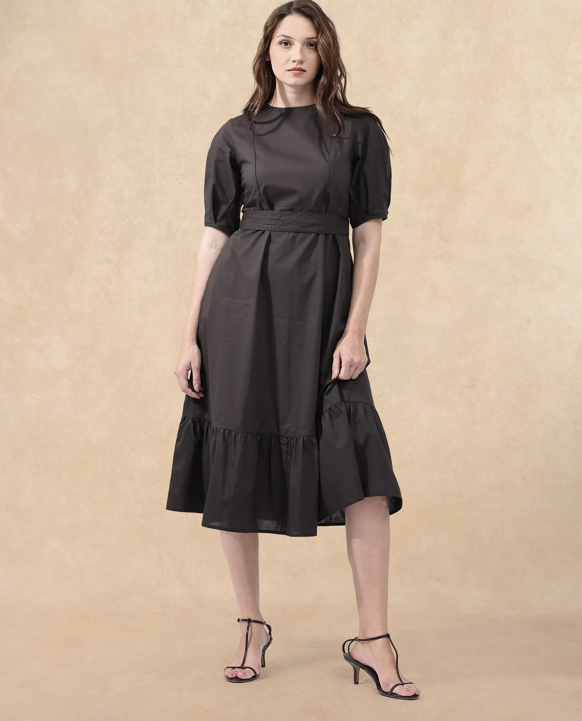 Rareism Women Lusine Brown Cotton Fabric Full Sleeve Round Neck Solid Regular Fit Dress