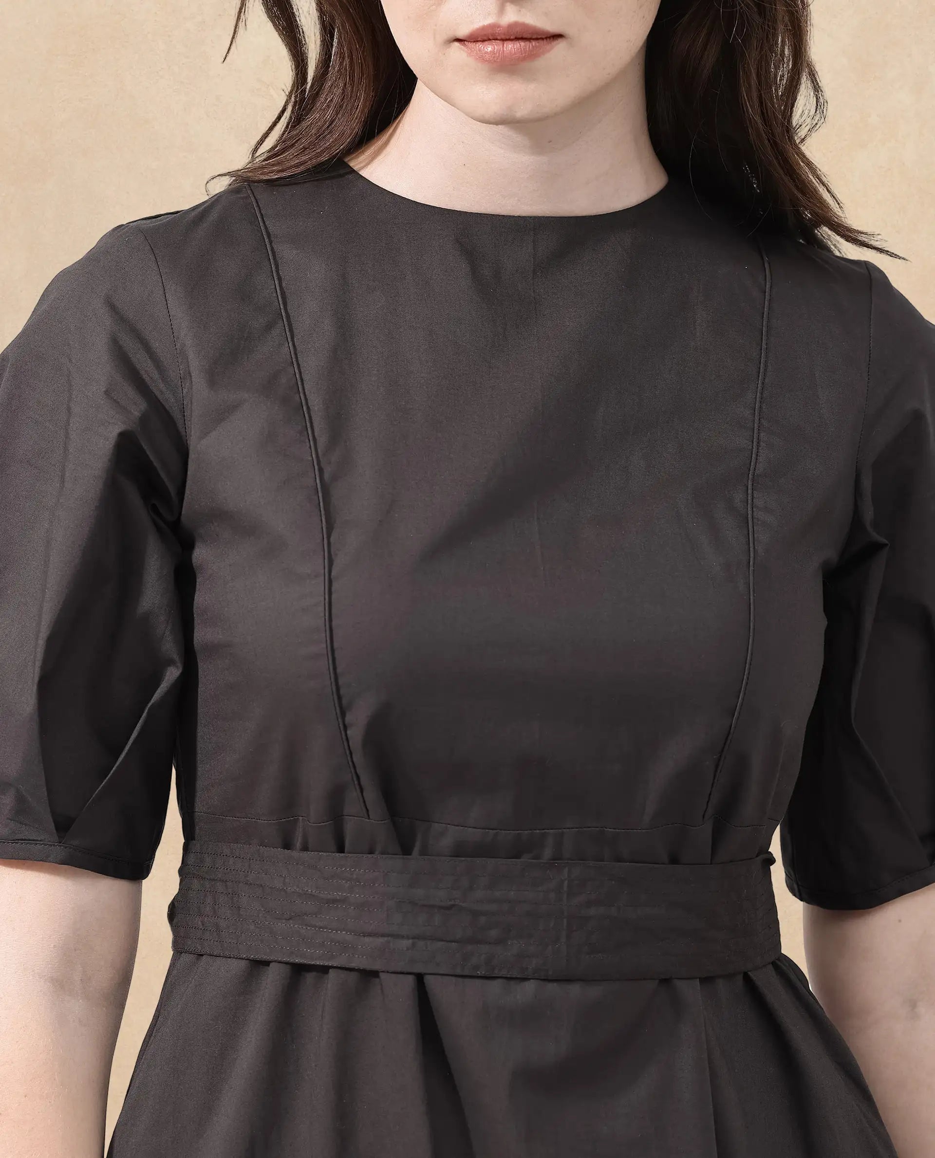 Rareism Women Lusine Brown Cotton Fabric Full Sleeve Round Neck Solid Regular Fit Dress