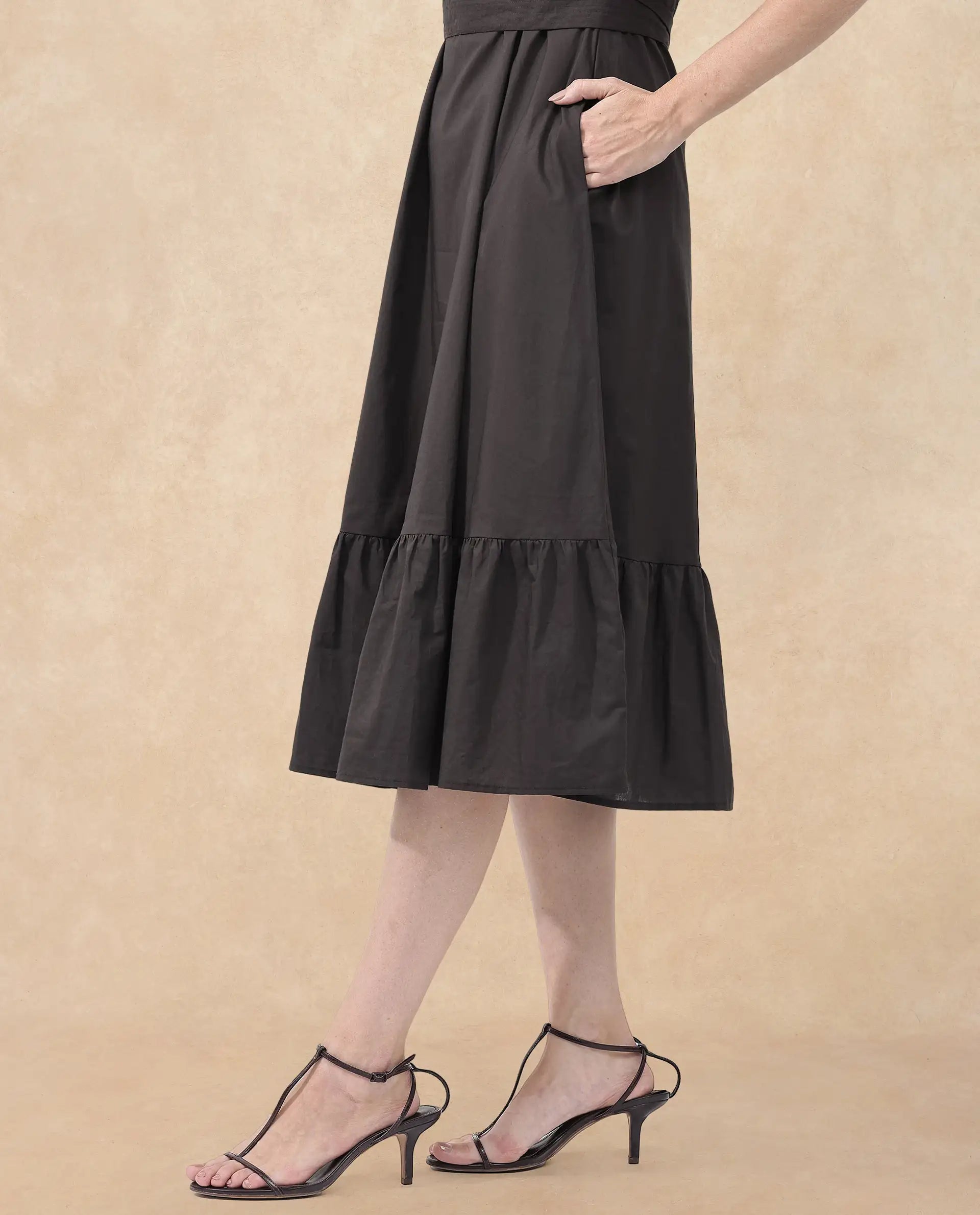 Rareism Women Lusine Brown Cotton Fabric Full Sleeve Round Neck Solid Regular Fit Dress