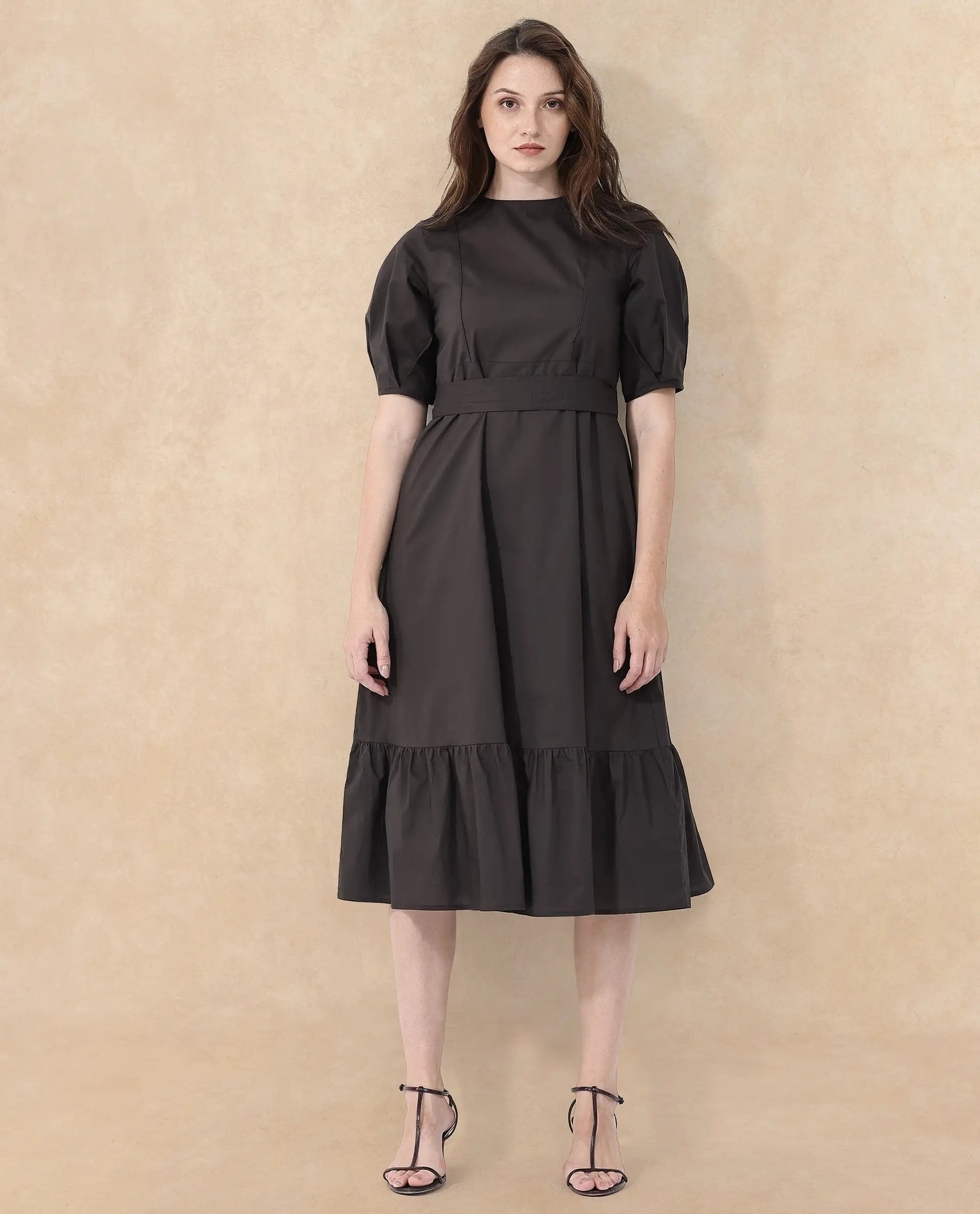 Rareism Women Lusine Brown Cotton Fabric Full Sleeve Round Neck Solid Regular Fit Dress