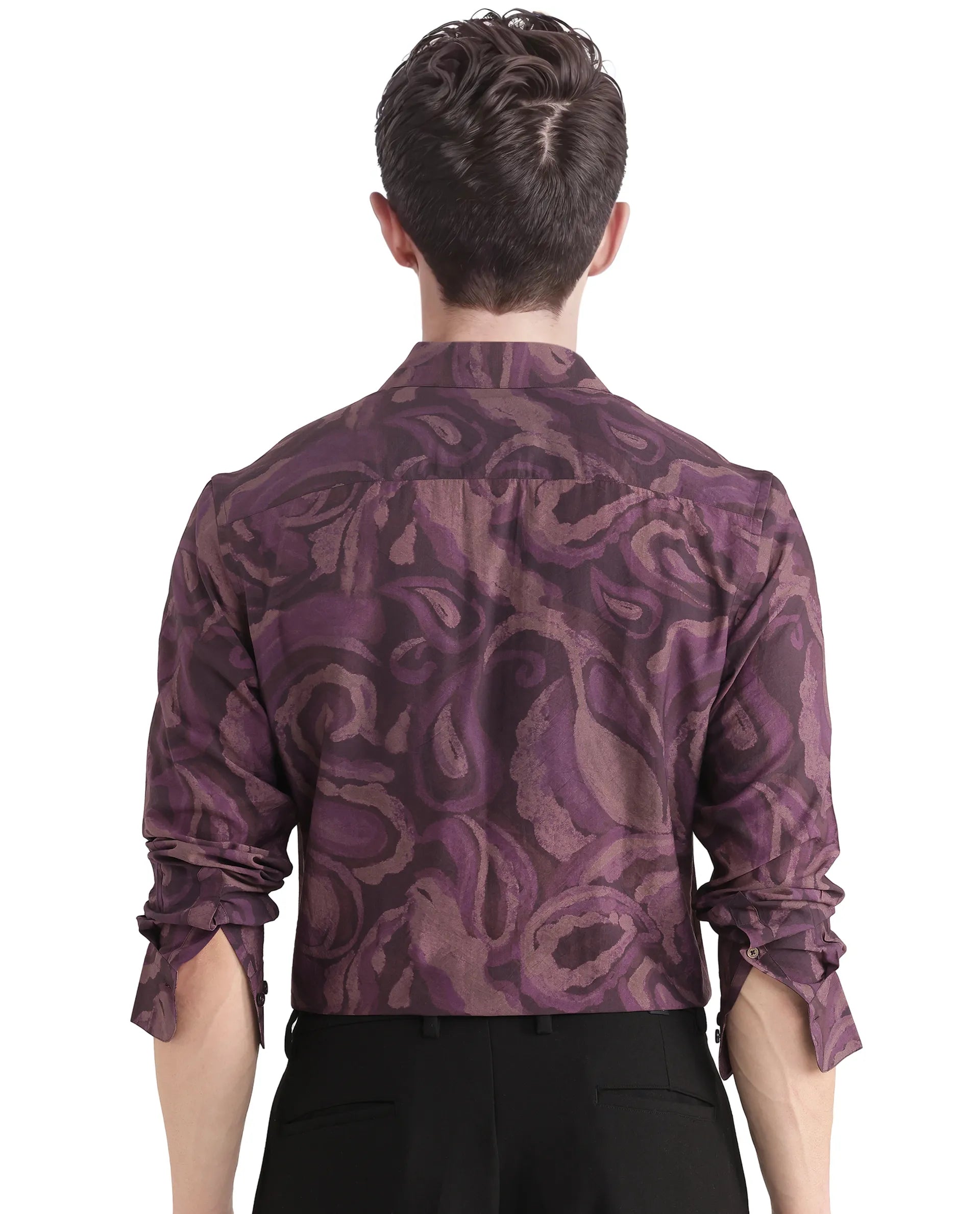 Rare Rabbit Men Luth Dark Purple Viscose Nylon Fabric Full Sleeve Regular Collared Button Closure Relaxed Fit Paisley Print Shirt