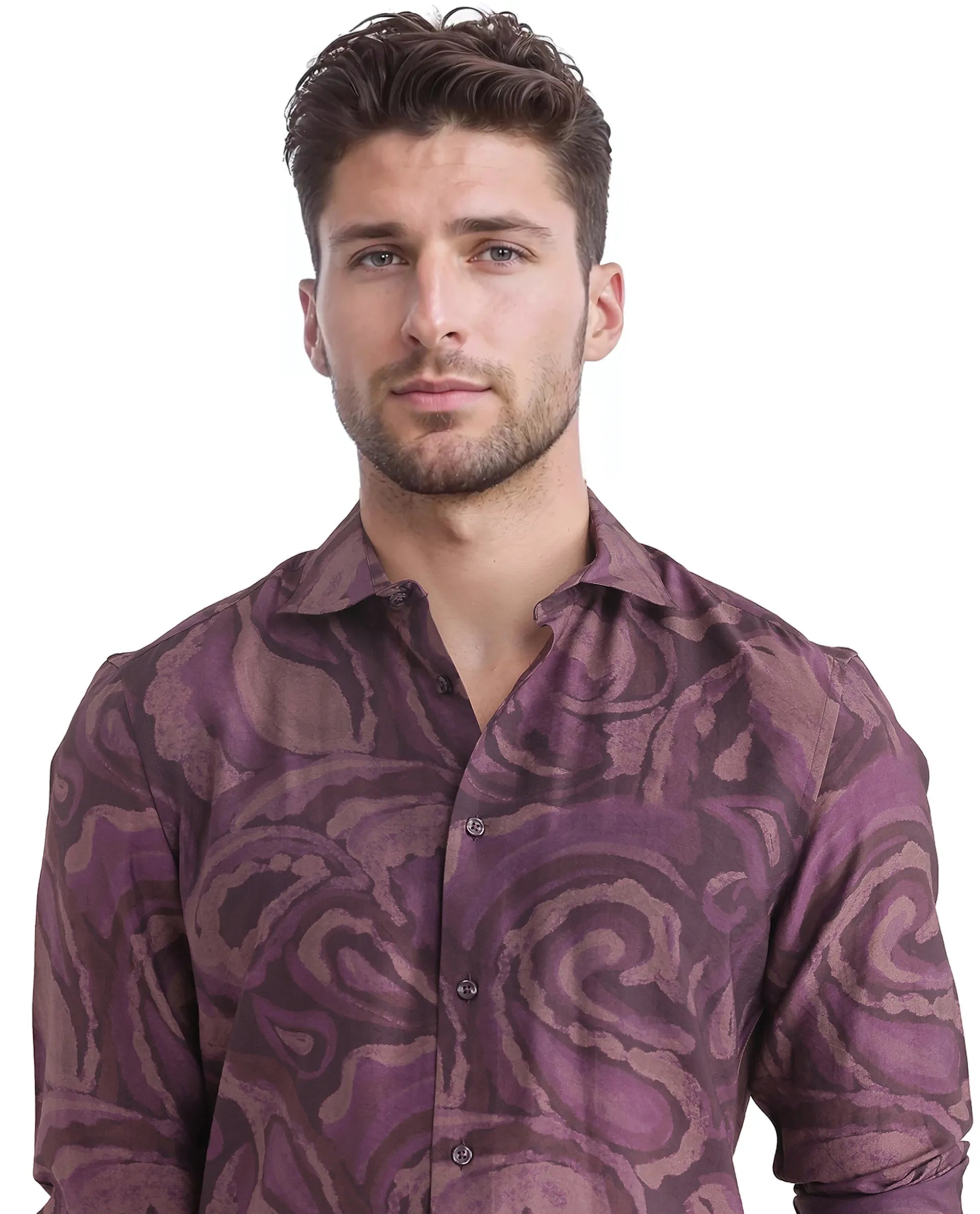 Rare Rabbit Men Luth Dark Purple Viscose Nylon Fabric Full Sleeve Regular Collared Button Closure Relaxed Fit Paisley Print Shirt