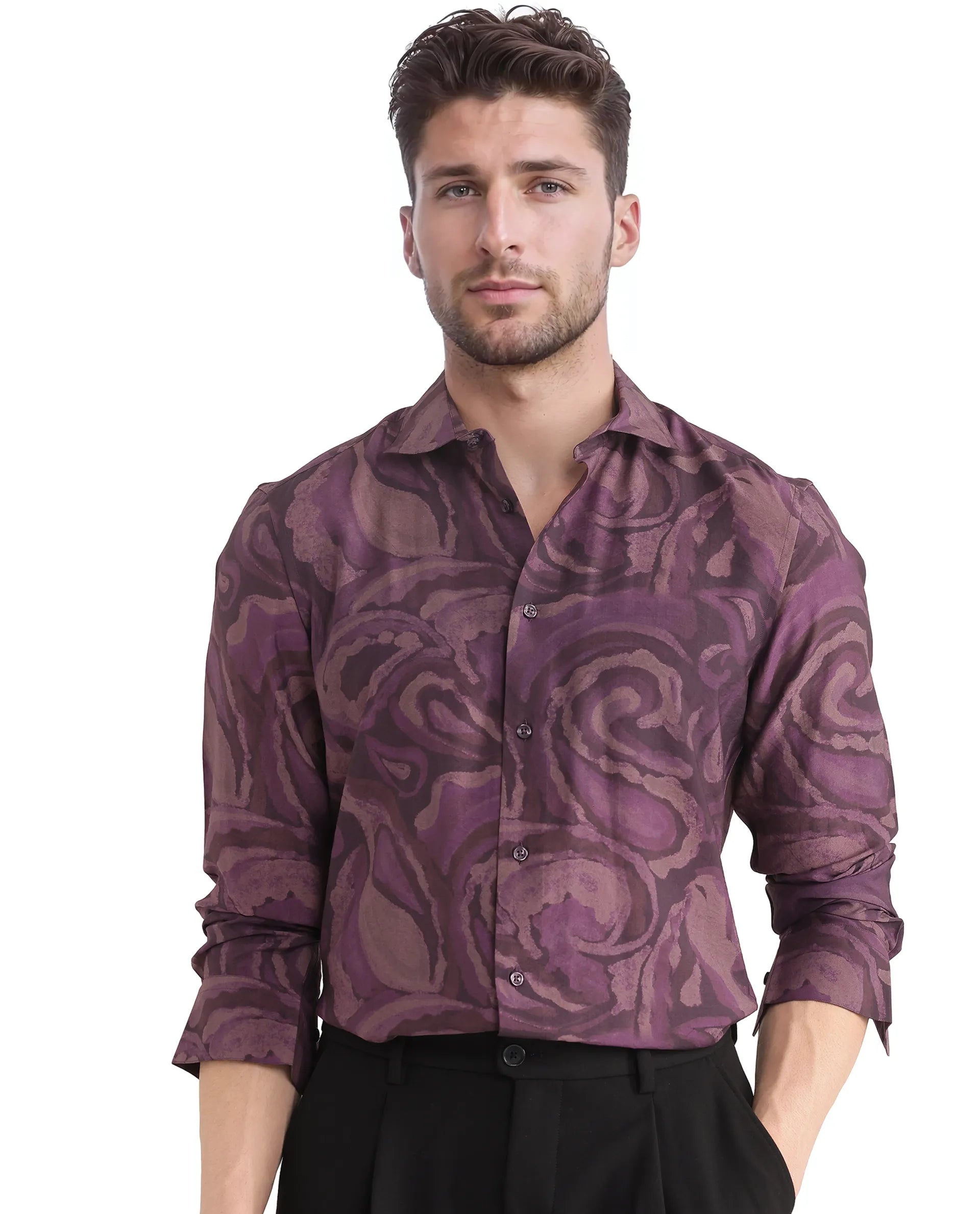 Rare Rabbit Men Luth Dark Purple Viscose Nylon Fabric Full Sleeve Regular Collared Button Closure Relaxed Fit Paisley Print Shirt