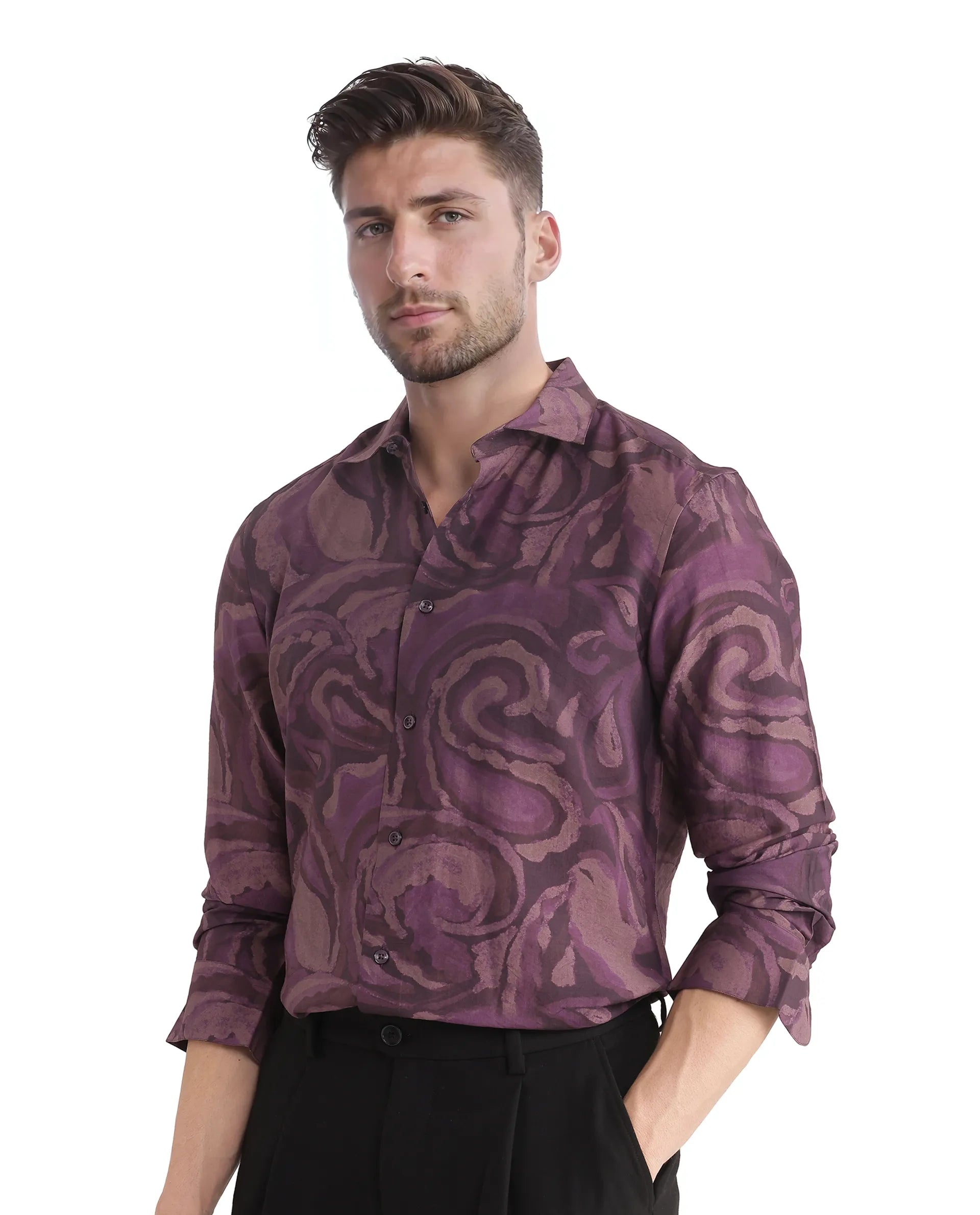 Rare Rabbit Men Luth Dark Purple Viscose Nylon Fabric Full Sleeve Regular Collared Button Closure Relaxed Fit Paisley Print Shirt