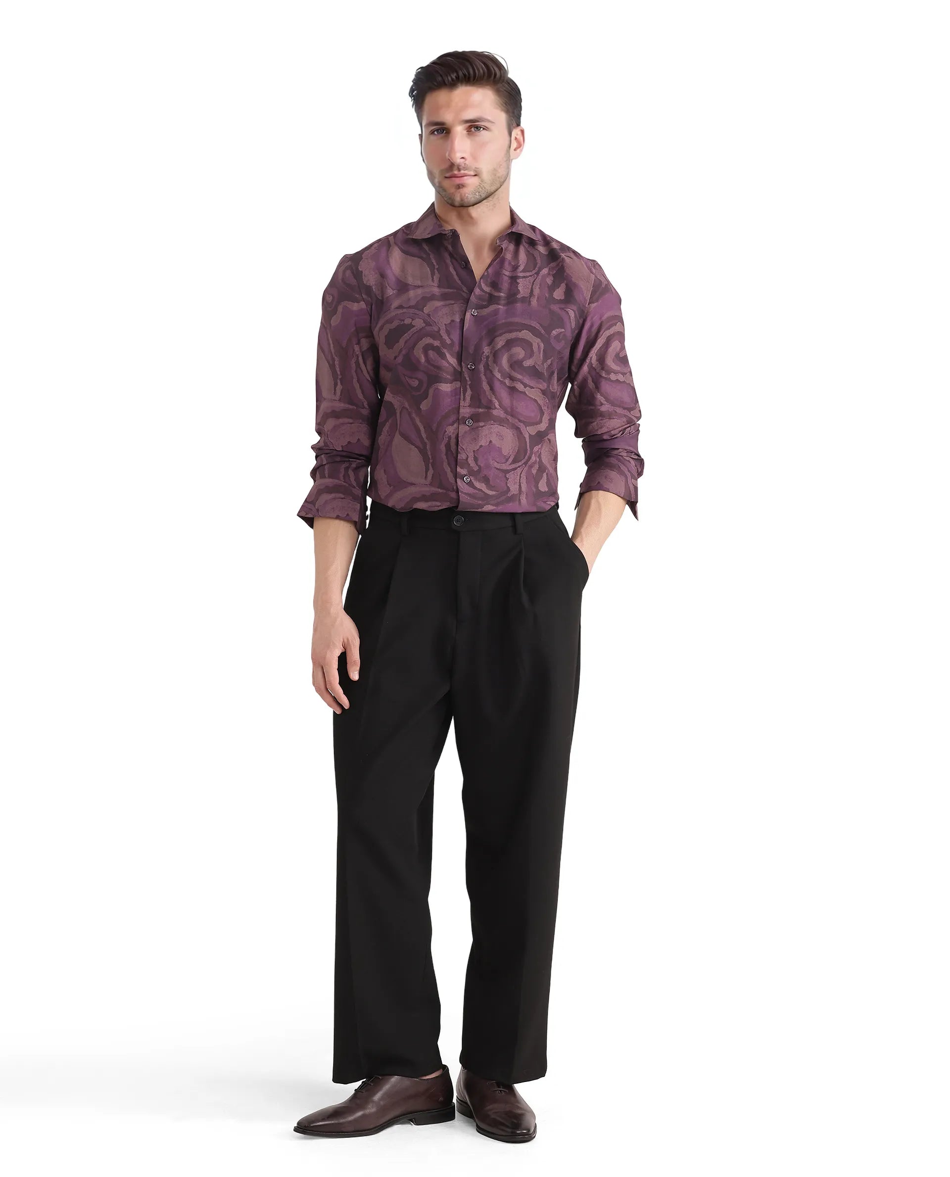 Rare Rabbit Men Luth Dark Purple Viscose Nylon Fabric Full Sleeve Regular Collared Button Closure Relaxed Fit Paisley Print Shirt