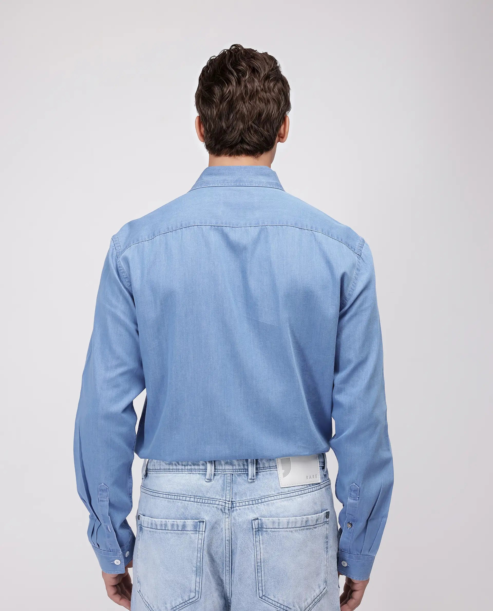 Rare Rabbit Men's Luuk Blue Cotton Blend Fabric Full Sleeve Spread Collar Regular Fit Plain Shirt