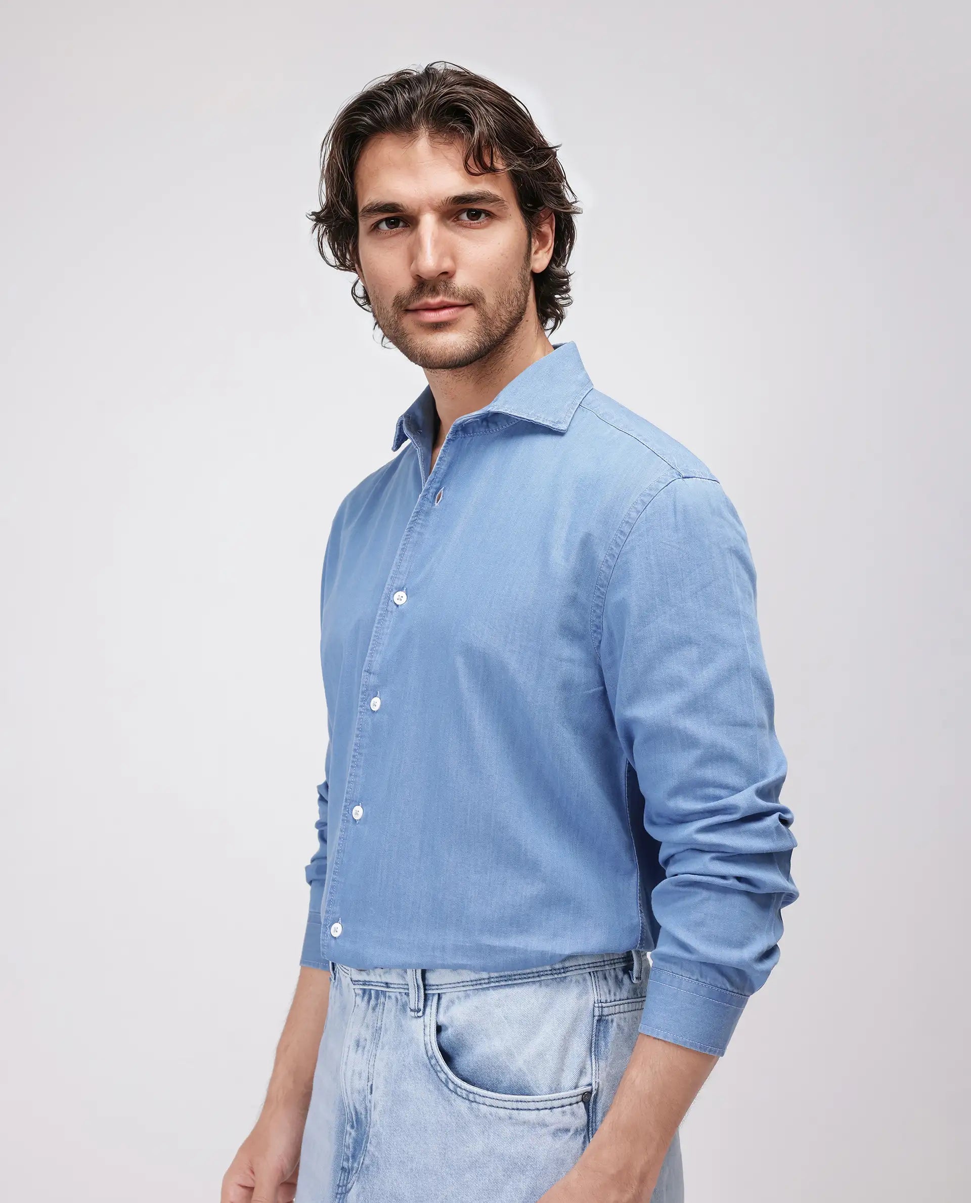 Rare Rabbit Men's Luuk Blue Cotton Blend Fabric Full Sleeve Spread Collar Regular Fit Plain Shirt