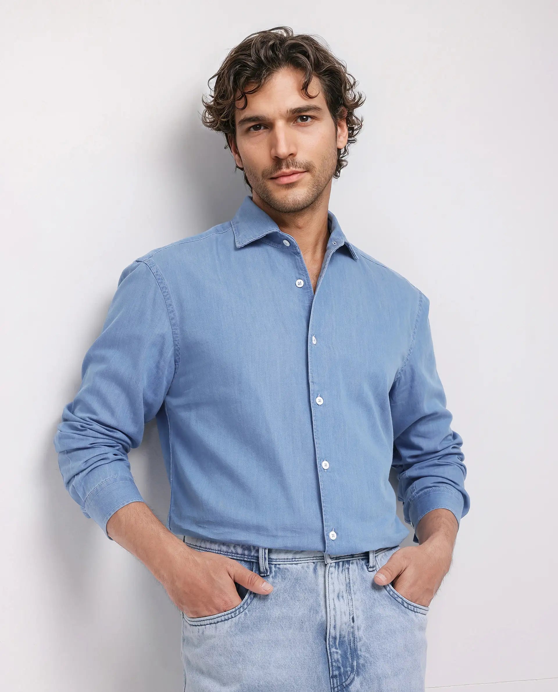 Rare Rabbit Men's Luuk Blue Cotton Blend Fabric Full Sleeve Spread Collar Regular Fit Plain Shirt