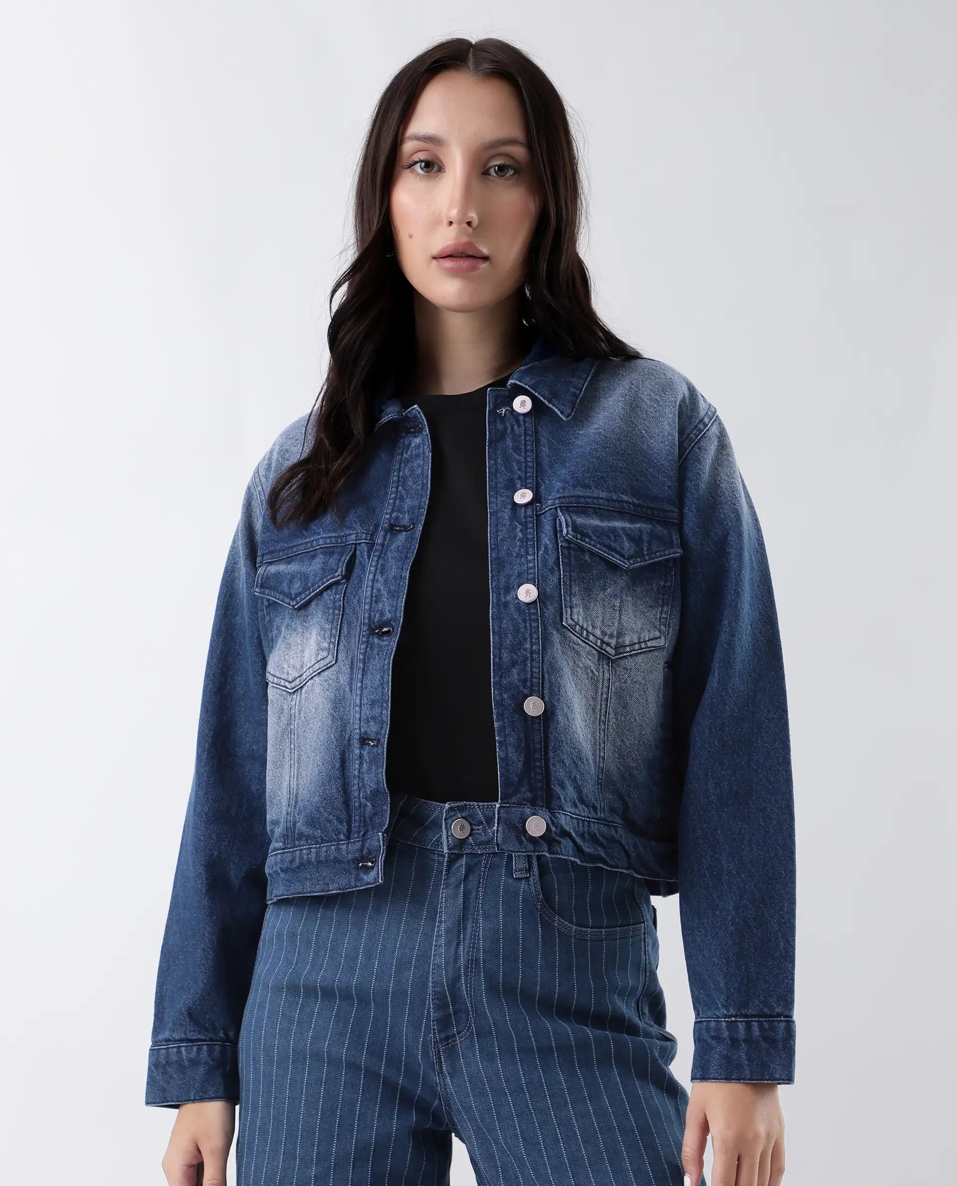 Rareism Women's Luvy Blue Cotton Spread Collar Plain Cuffed Sleeve Regular Fit Jacket