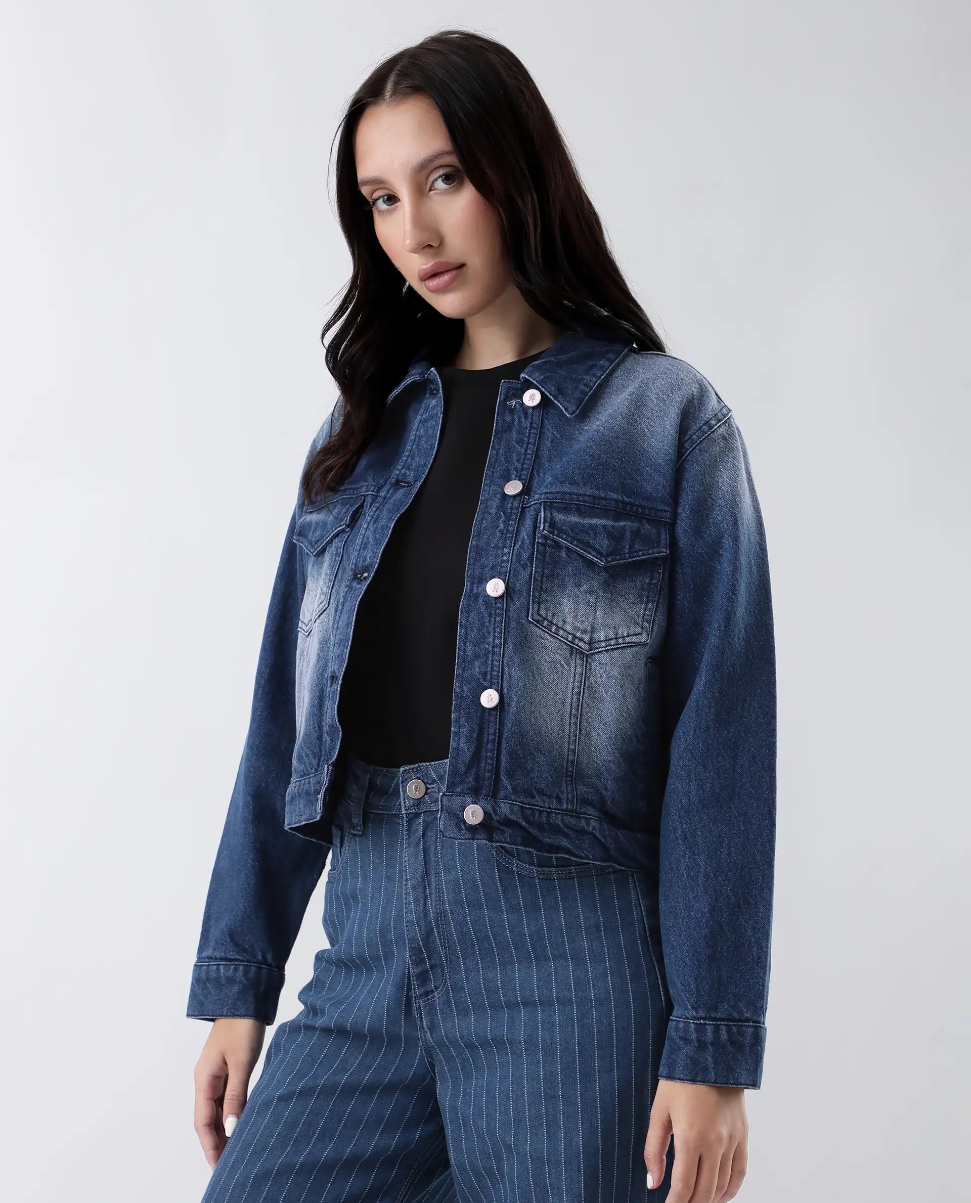 Rareism Women's Luvy Blue Cotton Spread Collar Plain Cuffed Sleeve Regular Fit Jacket