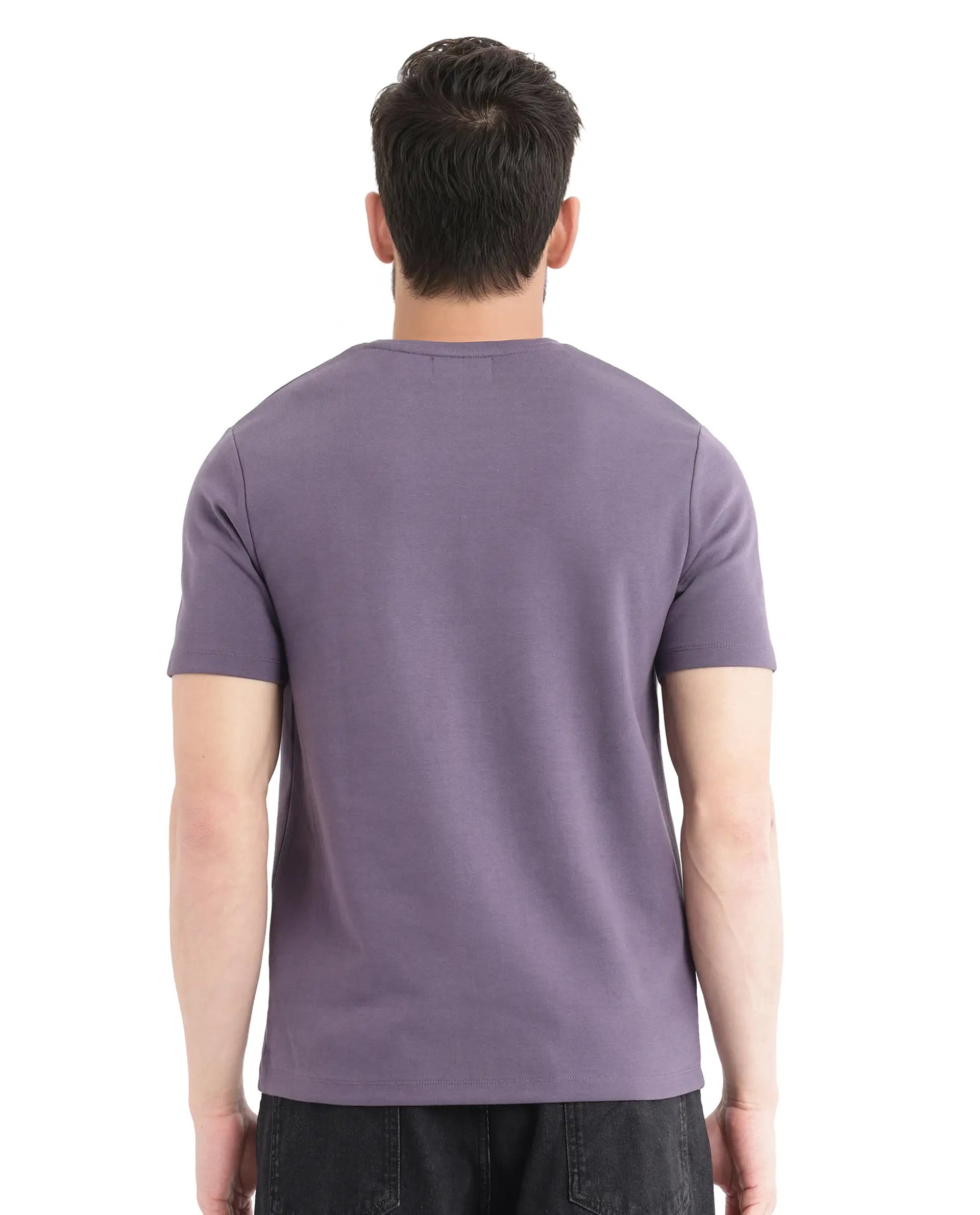 Rare Rabbit Men Luxa Pastel Purple Cotton Blend Fabric Short Sleeve Crew Neck HD Print Pocket Placement T-Shirt