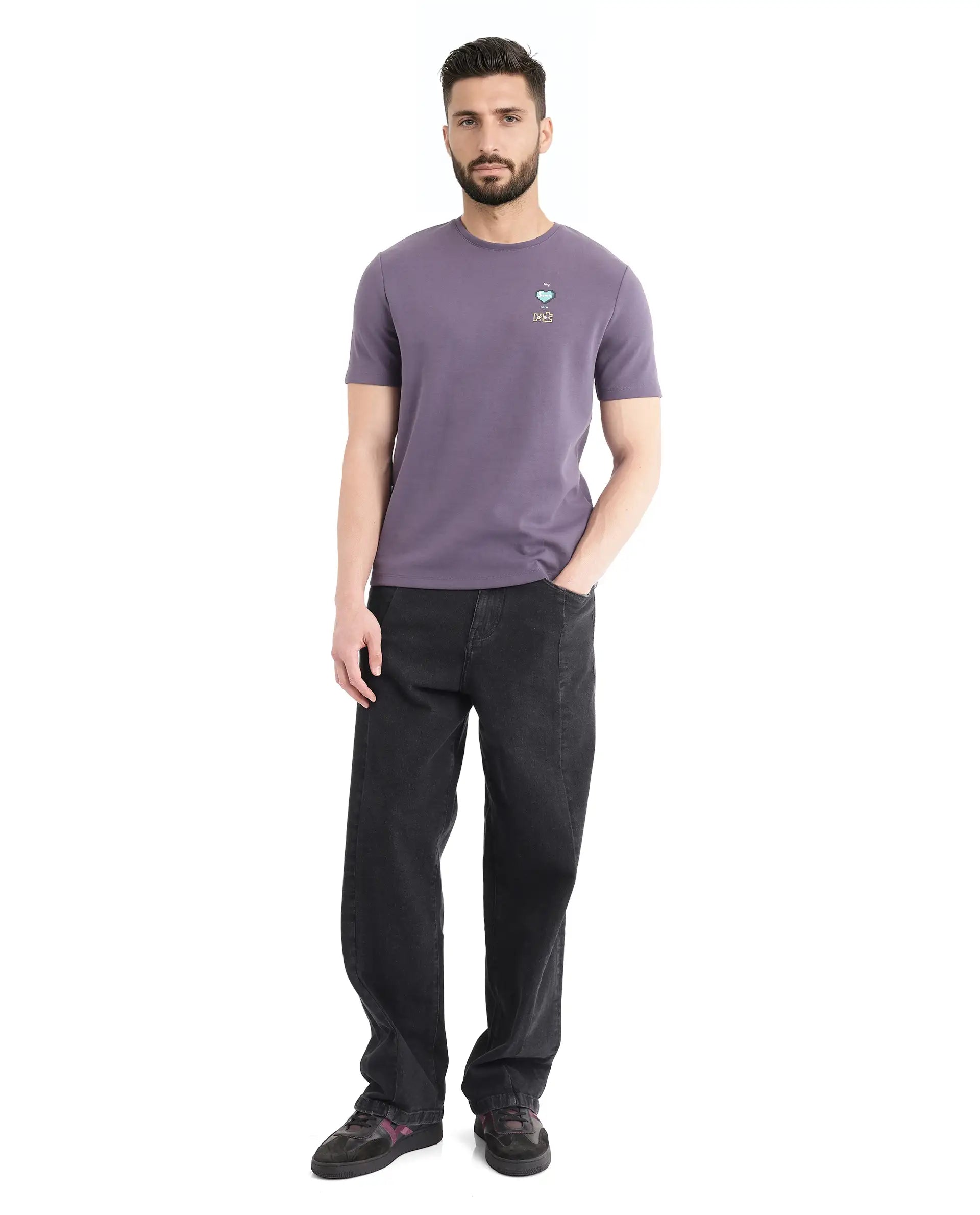 Rare Rabbit Men Luxa Pastel Purple Cotton Blend Fabric Short Sleeve Crew Neck HD Print Pocket Placement T-Shirt