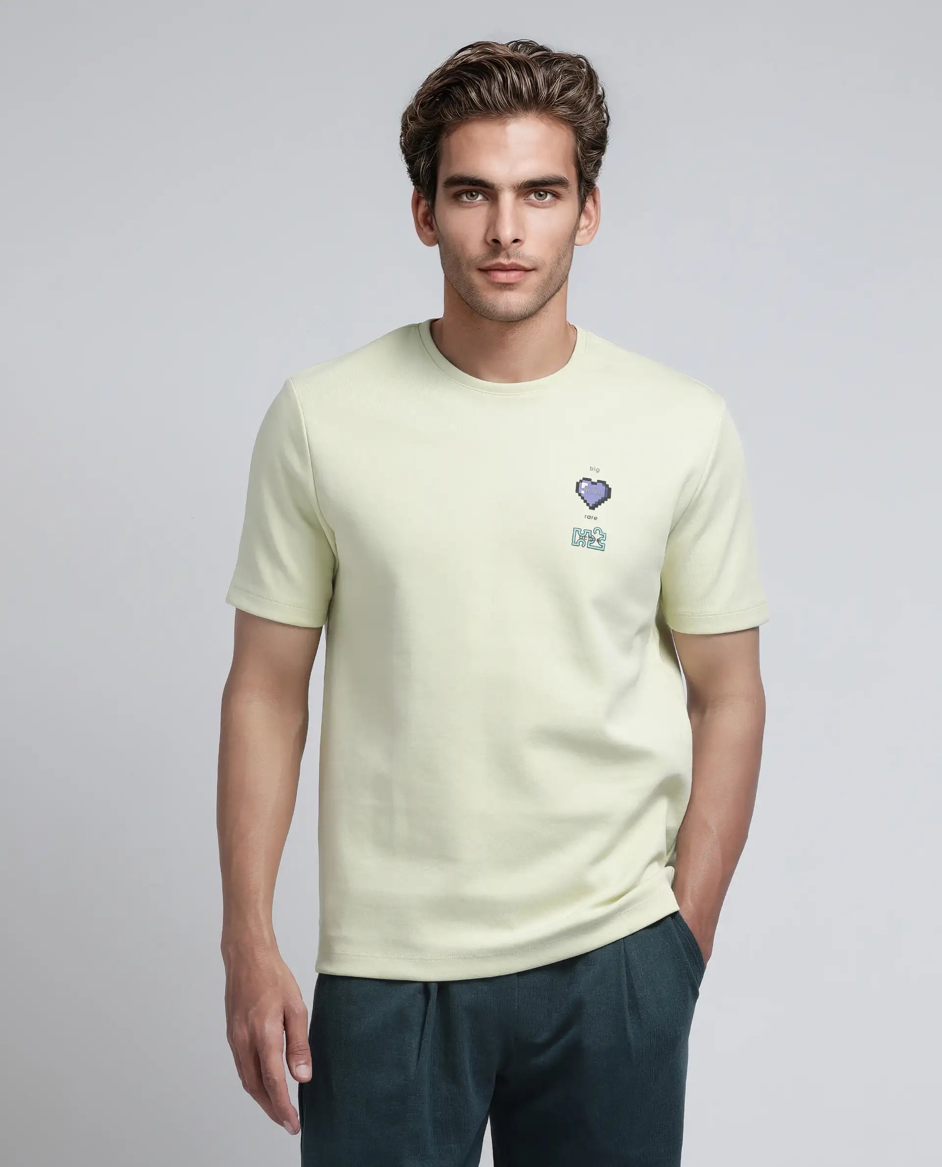 Rare Rabbit Men Luxa Pastel Yellow Cotton Poly Fabric Short Sleeve Crew Neck Hd Print T-Shirt