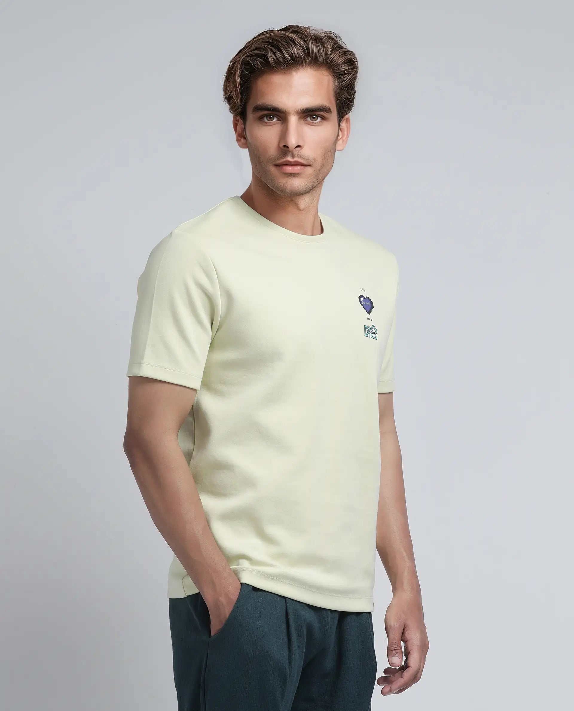 Rare Rabbit Men Luxa Pastel Yellow Cotton Poly Fabric Short Sleeve Crew Neck Hd Print T-Shirt