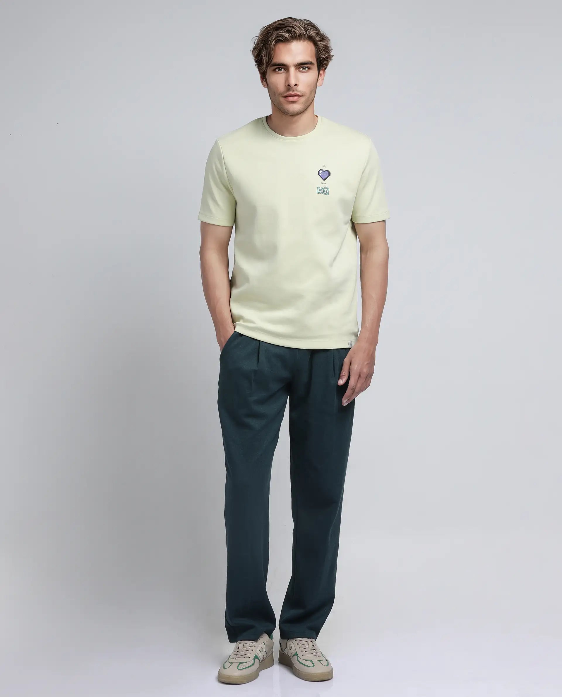 Rare Rabbit Men Luxa Pastel Yellow Cotton Poly Fabric Short Sleeve Crew Neck Hd Print T-Shirt