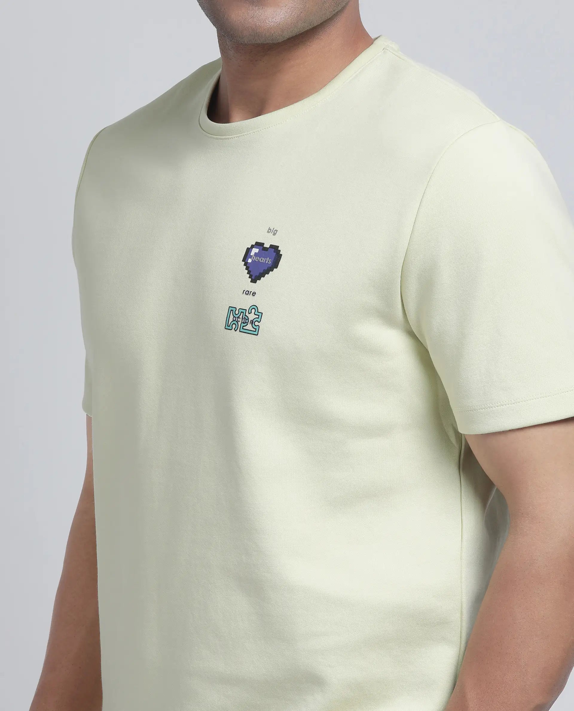 Rare Rabbit Men Luxa Pastel Yellow Cotton Poly Fabric Short Sleeve Crew Neck Hd Print T-Shirt