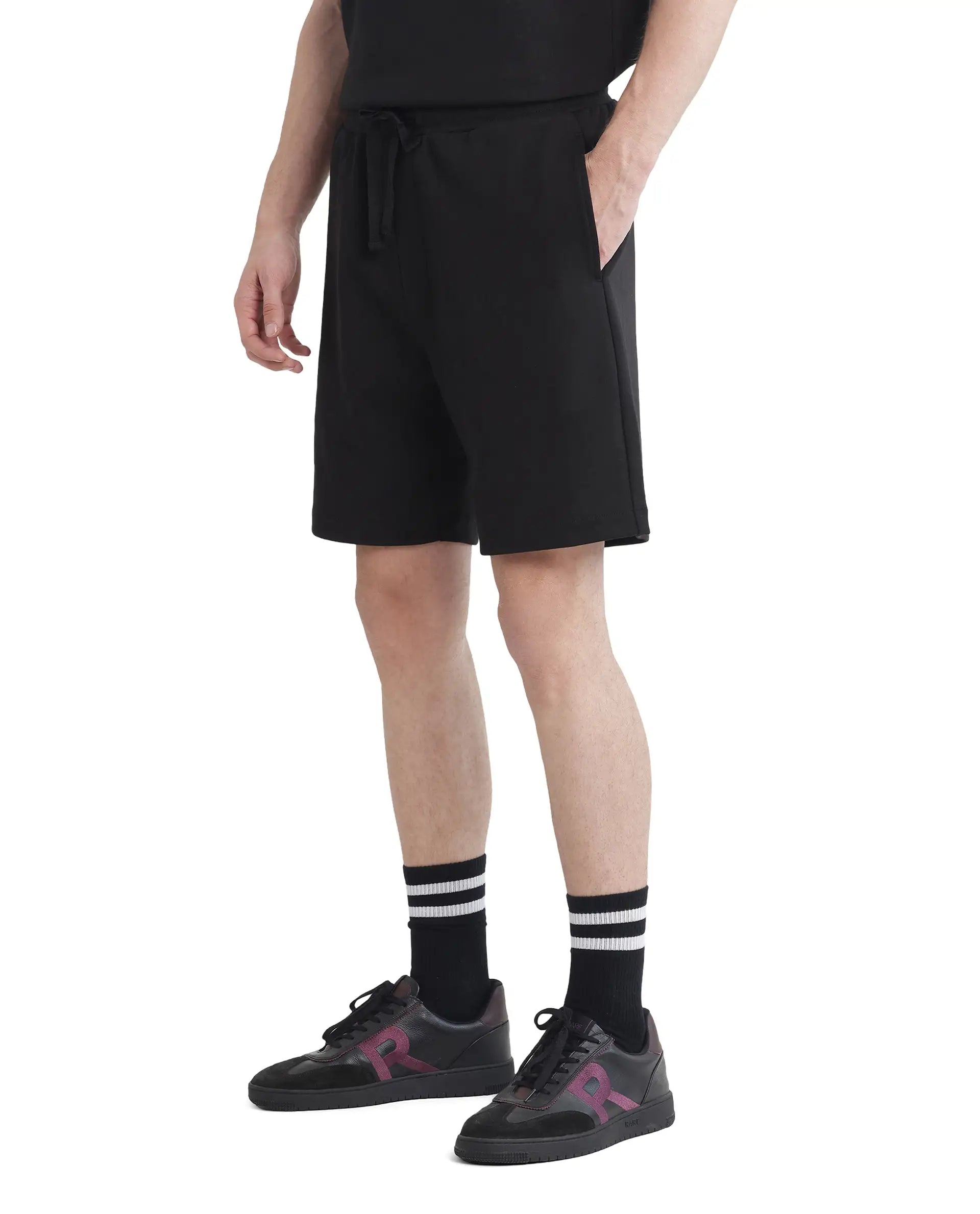 Rare Rabbit Men's Lux Black Cotton Blend Fabric Relaxed Fit Plain Shorts