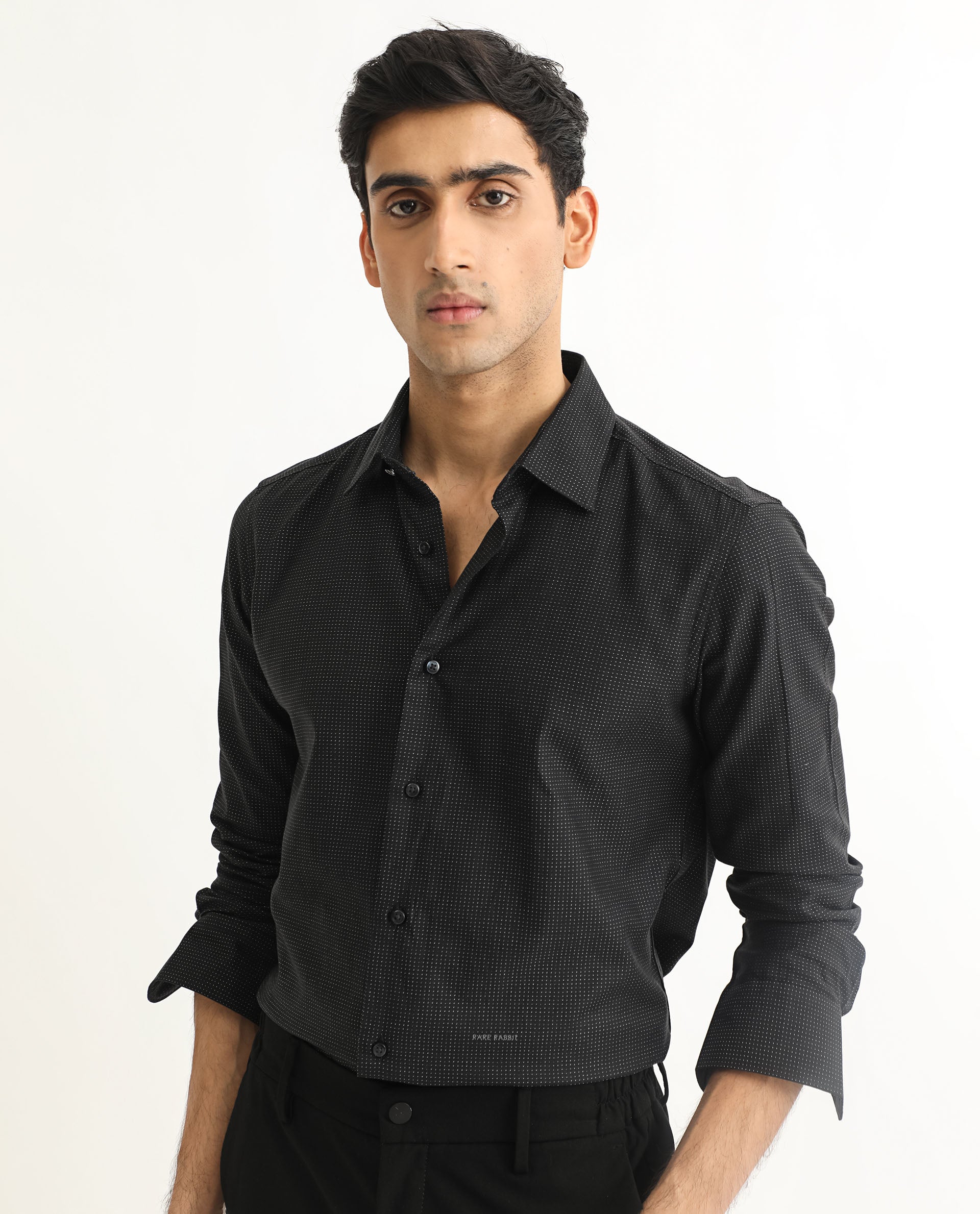 Rare Rabbit Men's Luxem Black Full Sleeves Geometric Dot Print Shirt