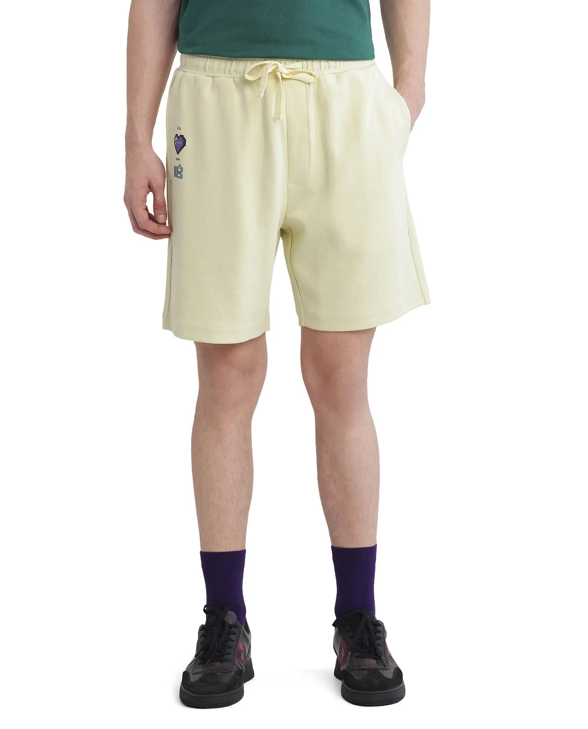Rare Rabbit Men's Lux Pastel Yellow Cotton Blend Fabric Relaxed Fit Plain Shorts
