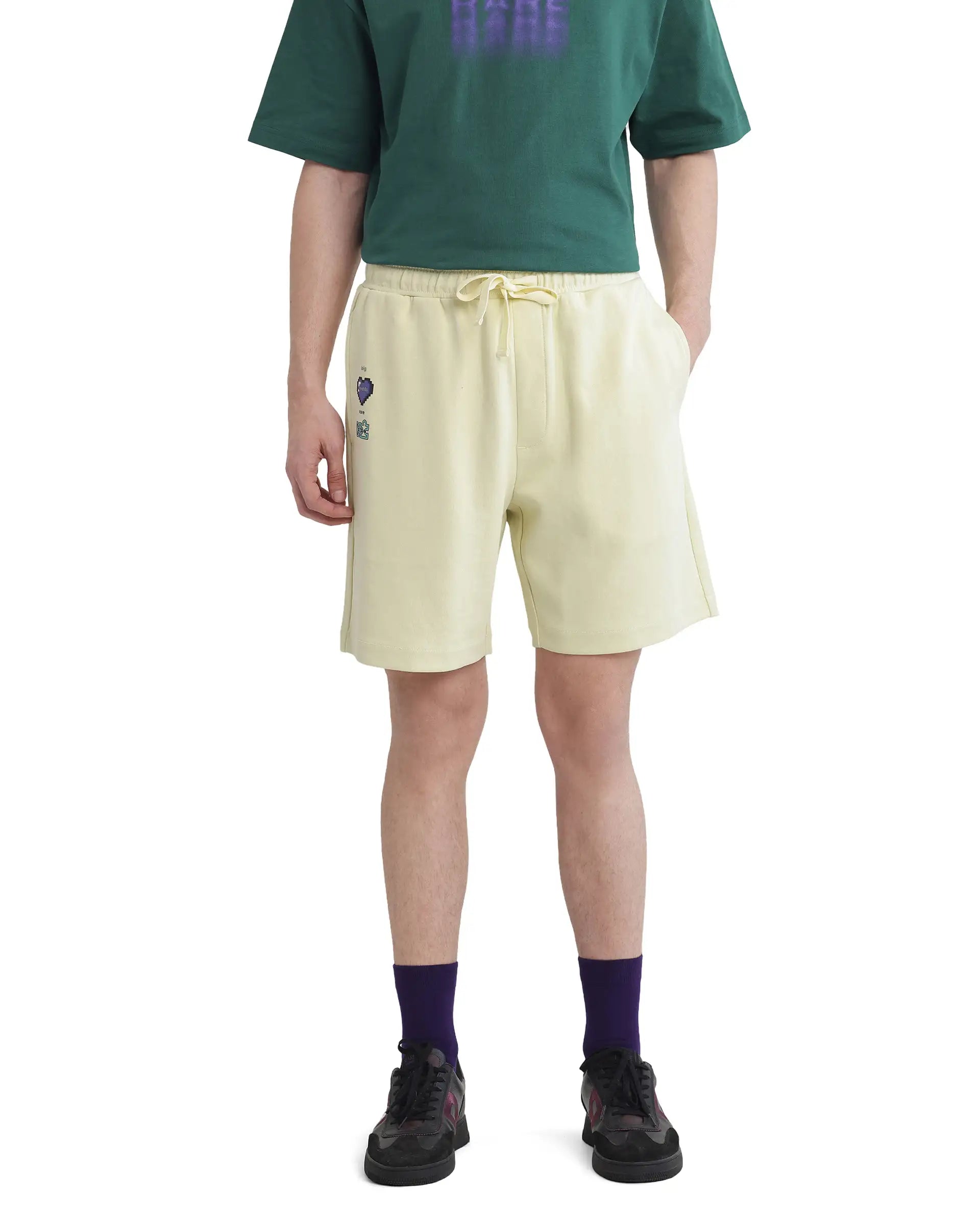 Rare Rabbit Men's Lux Pastel Yellow Cotton Blend Fabric Relaxed Fit Plain Shorts