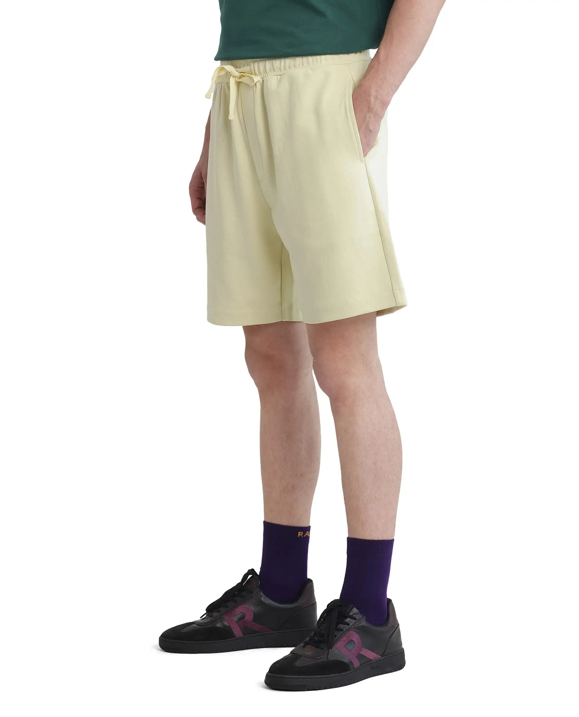 Rare Rabbit Men's Lux Pastel Yellow Cotton Blend Fabric Relaxed Fit Plain Shorts