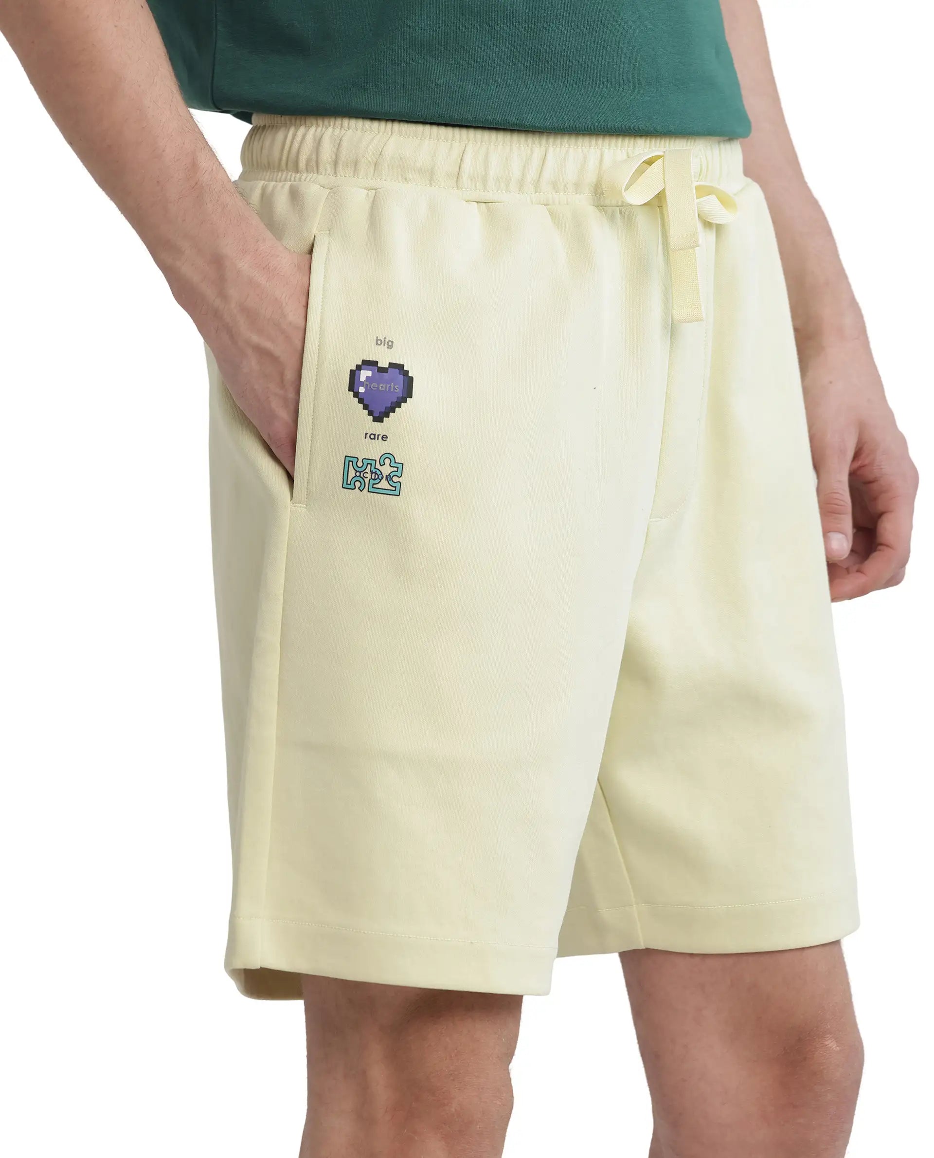 Rare Rabbit Men's Lux Pastel Yellow Cotton Blend Fabric Relaxed Fit Plain Shorts