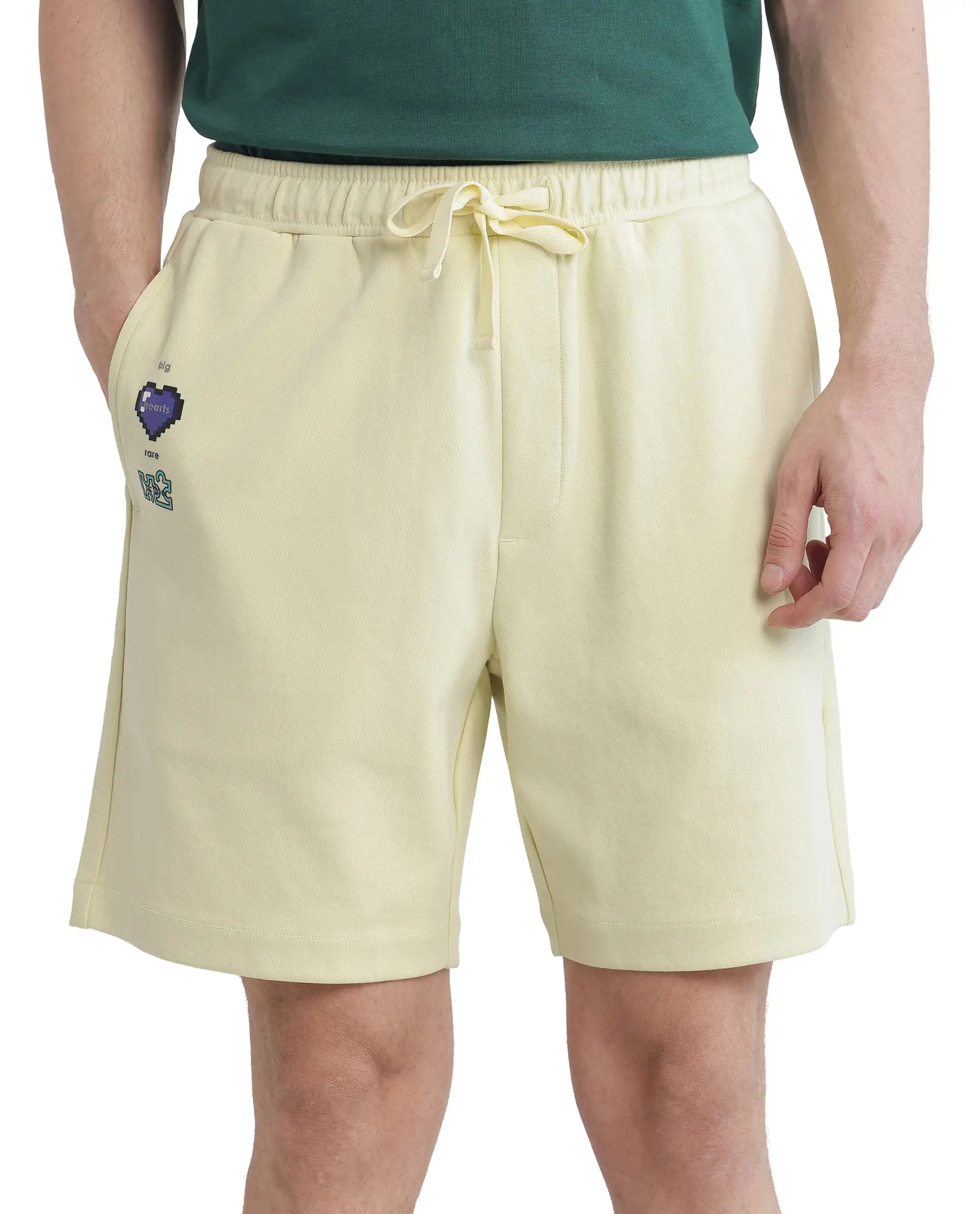 Rare Rabbit Men's Lux Pastel Yellow Cotton Blend Fabric Relaxed Fit Plain Shorts