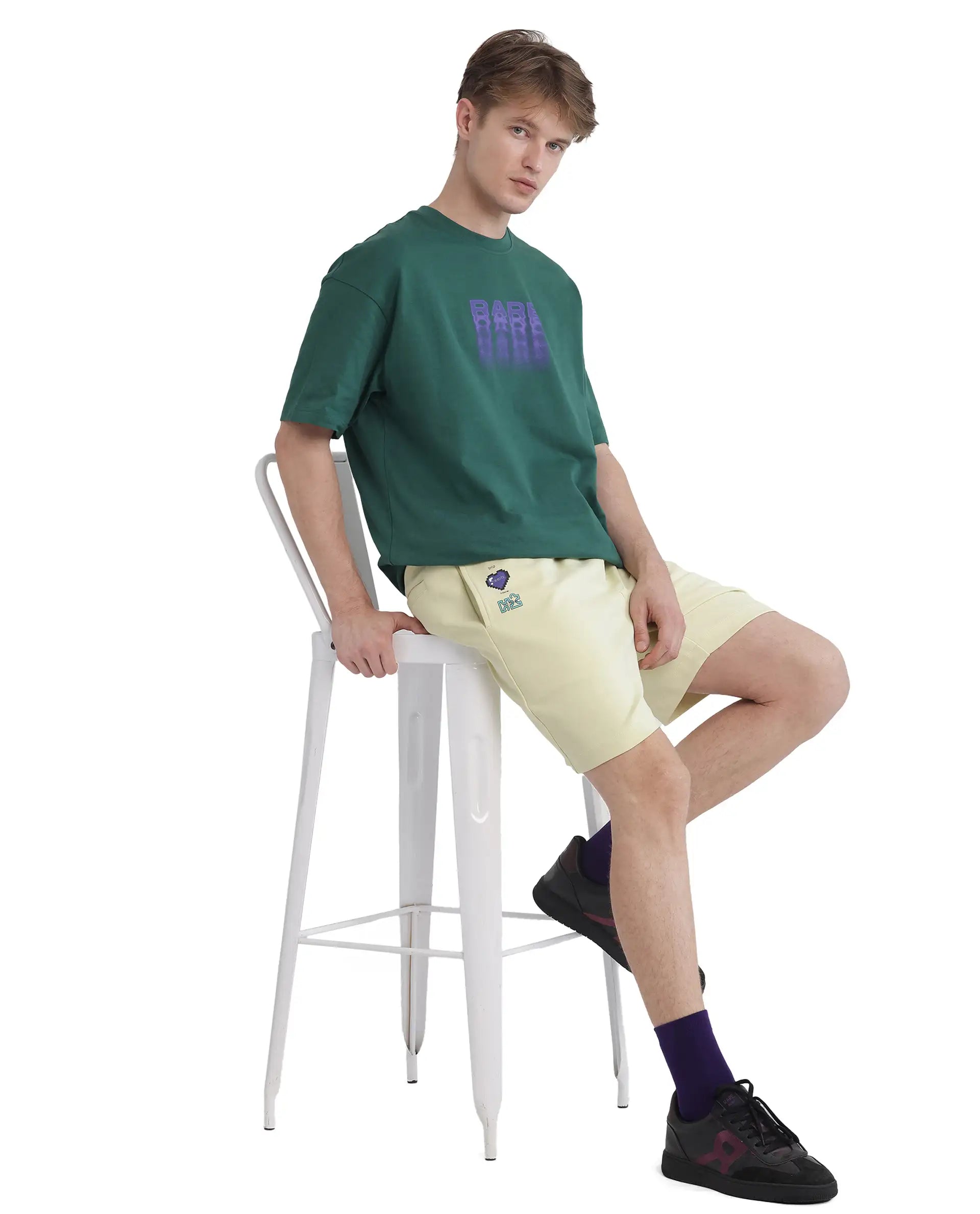 Rare Rabbit Men's Lux Pastel Yellow Cotton Blend Fabric Relaxed Fit Plain Shorts