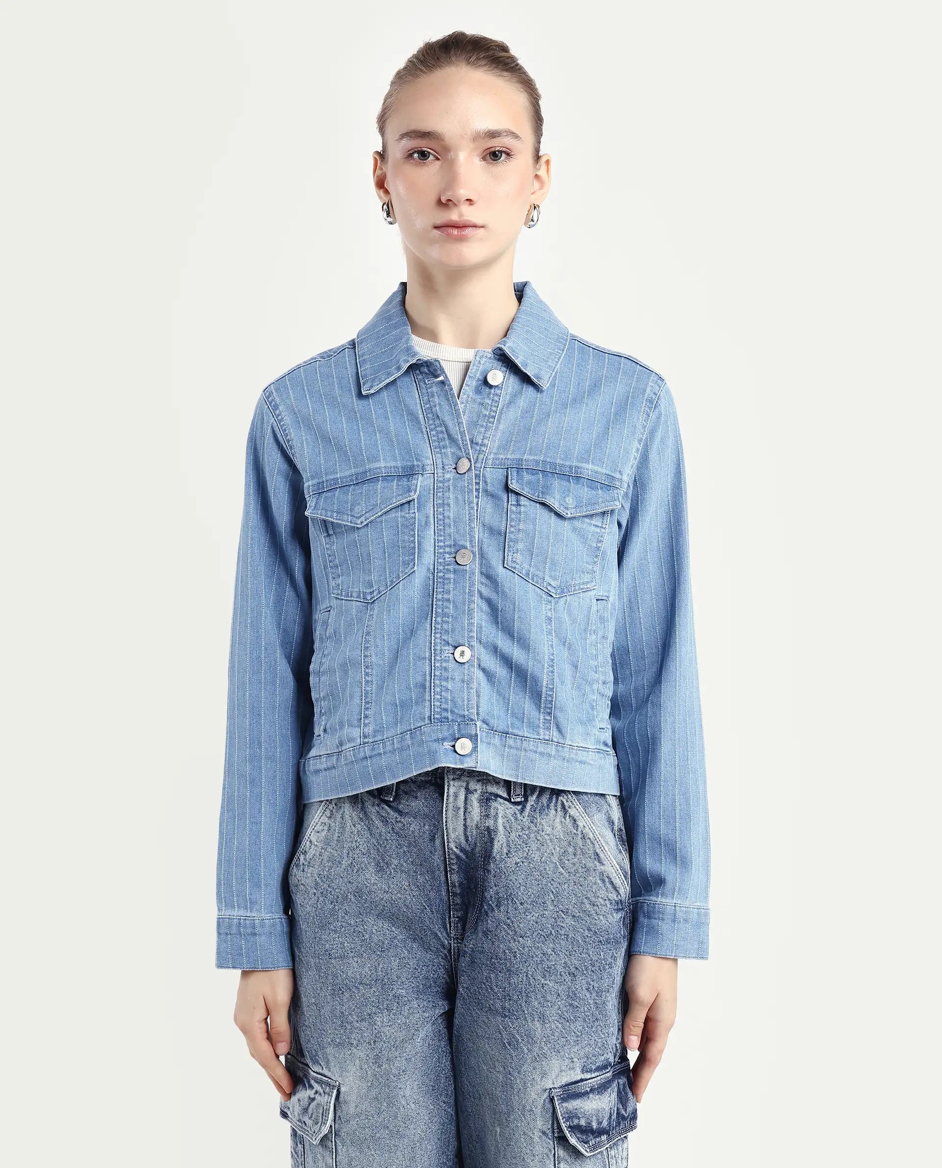 Rareism Women's Luz Light Blue Cotton Blend Spread Collar Striped Cuffed Sleeve Regular Fit Jacket