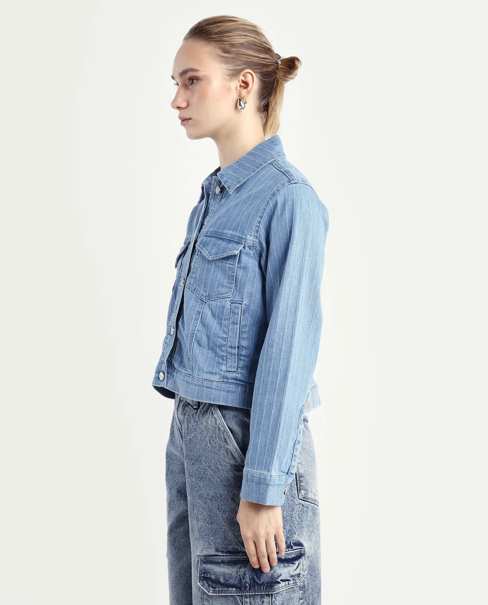 Rareism Women's Luz Light Blue Cotton Blend Spread Collar Striped Cuffed Sleeve Regular Fit Jacket