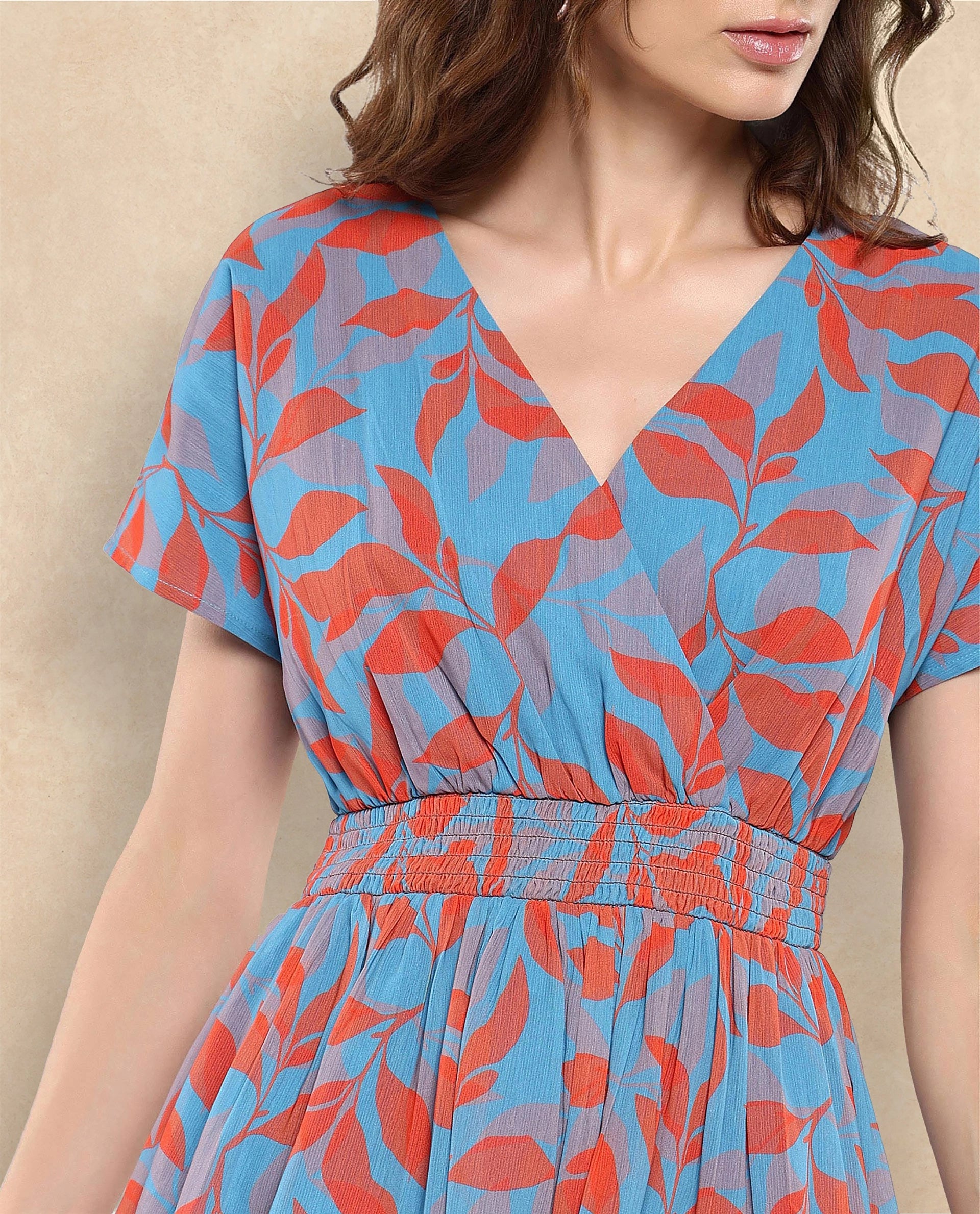 Rareism Women's Luzy Multi Cotton Blend Fabric V-Neck Tie-Up Closure Extended Sleeve Abstract Fit And Flare Knee Length Dress