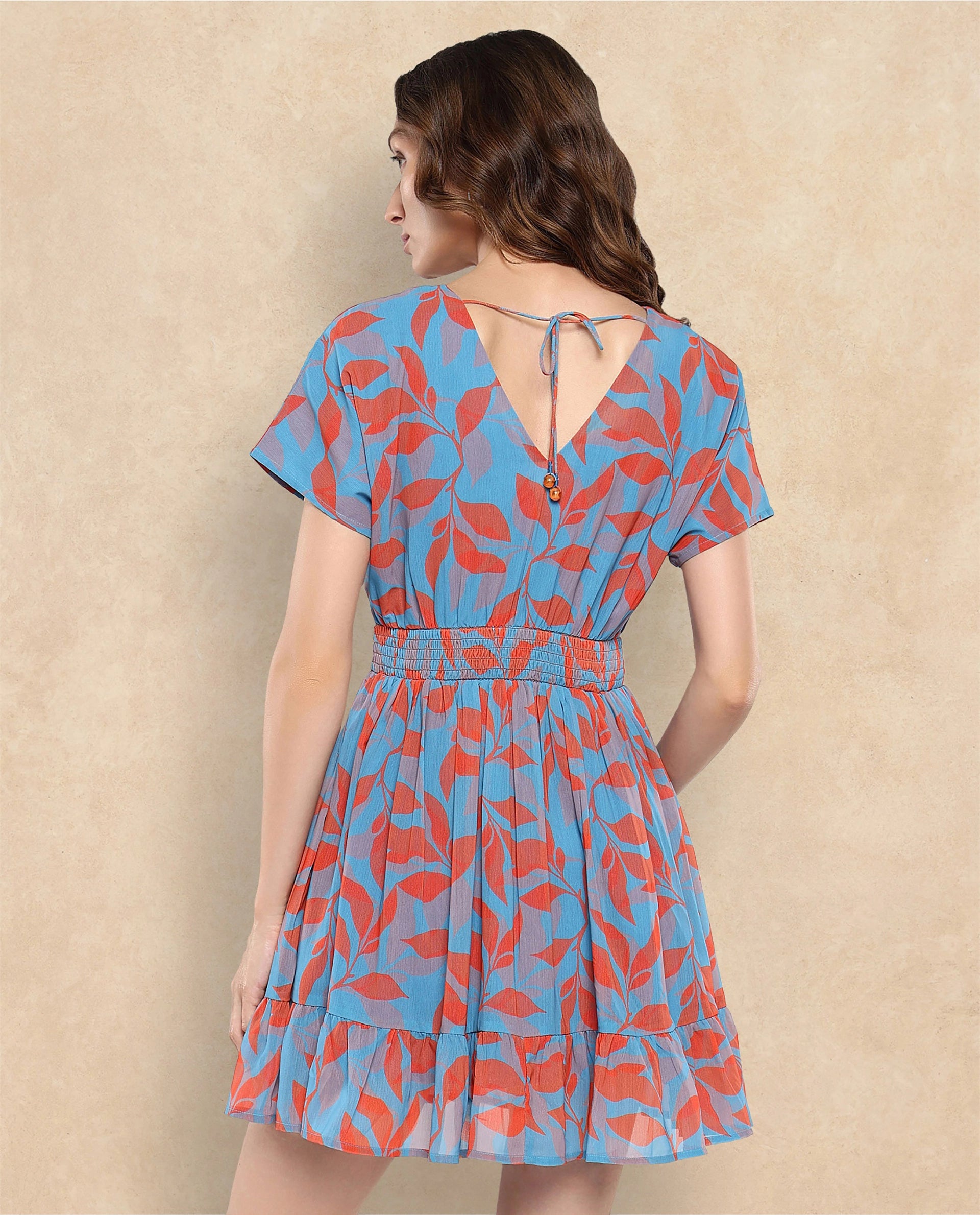 Rareism Women's Luzy Multi Cotton Blend Fabric V-Neck Tie-Up Closure Extended Sleeve Abstract Fit And Flare Knee Length Dress