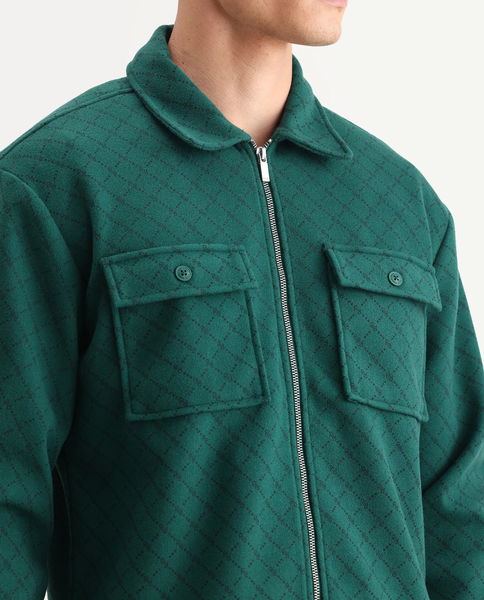 Rare Rabbit Men's Lybro Green Polyester Monogram Print Regular Fit Full Sleeve Spread Collar Jacket